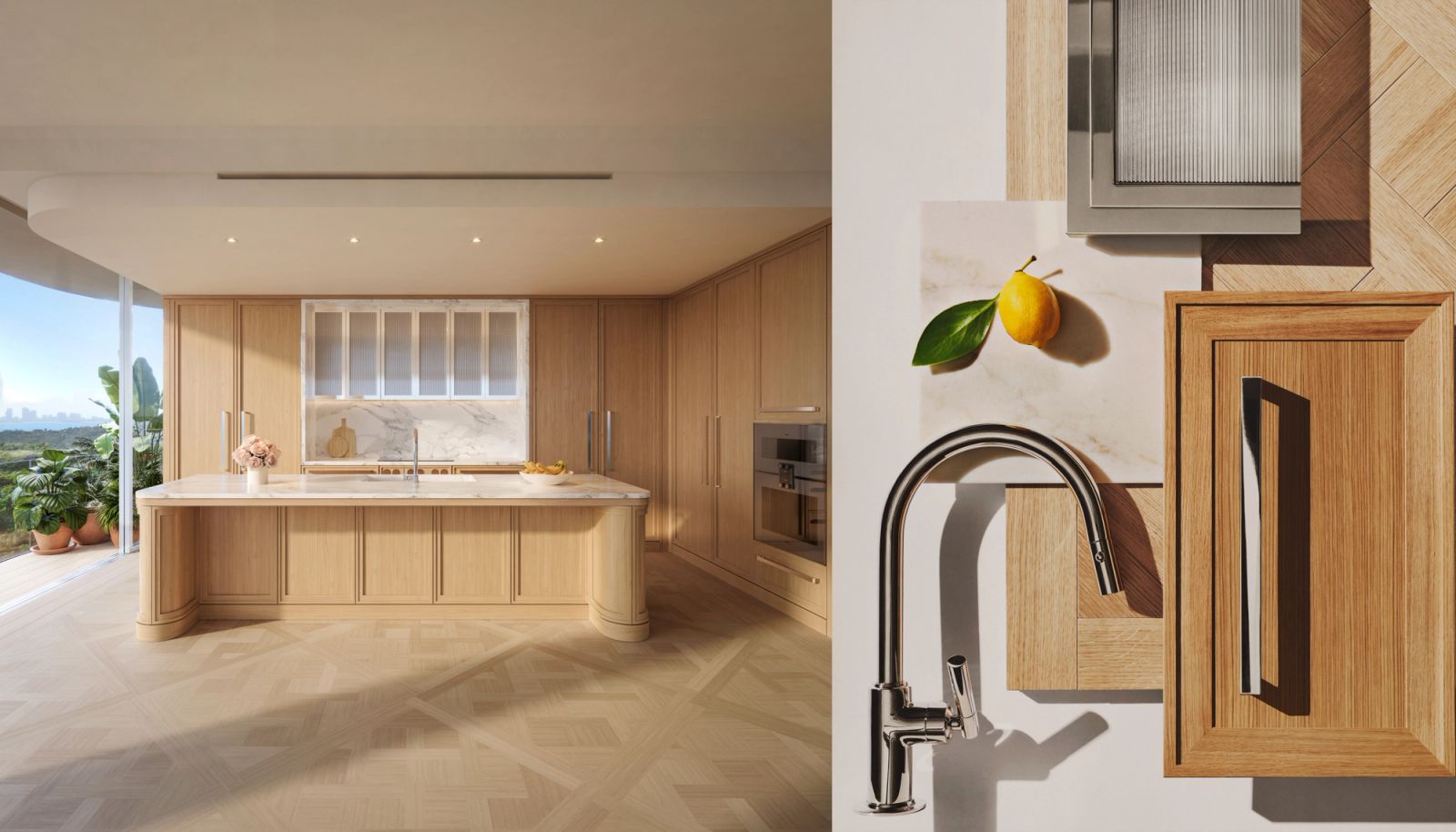 Render de cocina de residencia boutique de Ocean Terrace con isla de mármol blanco y gabinetes de roble blanco personalizados de RAMSA