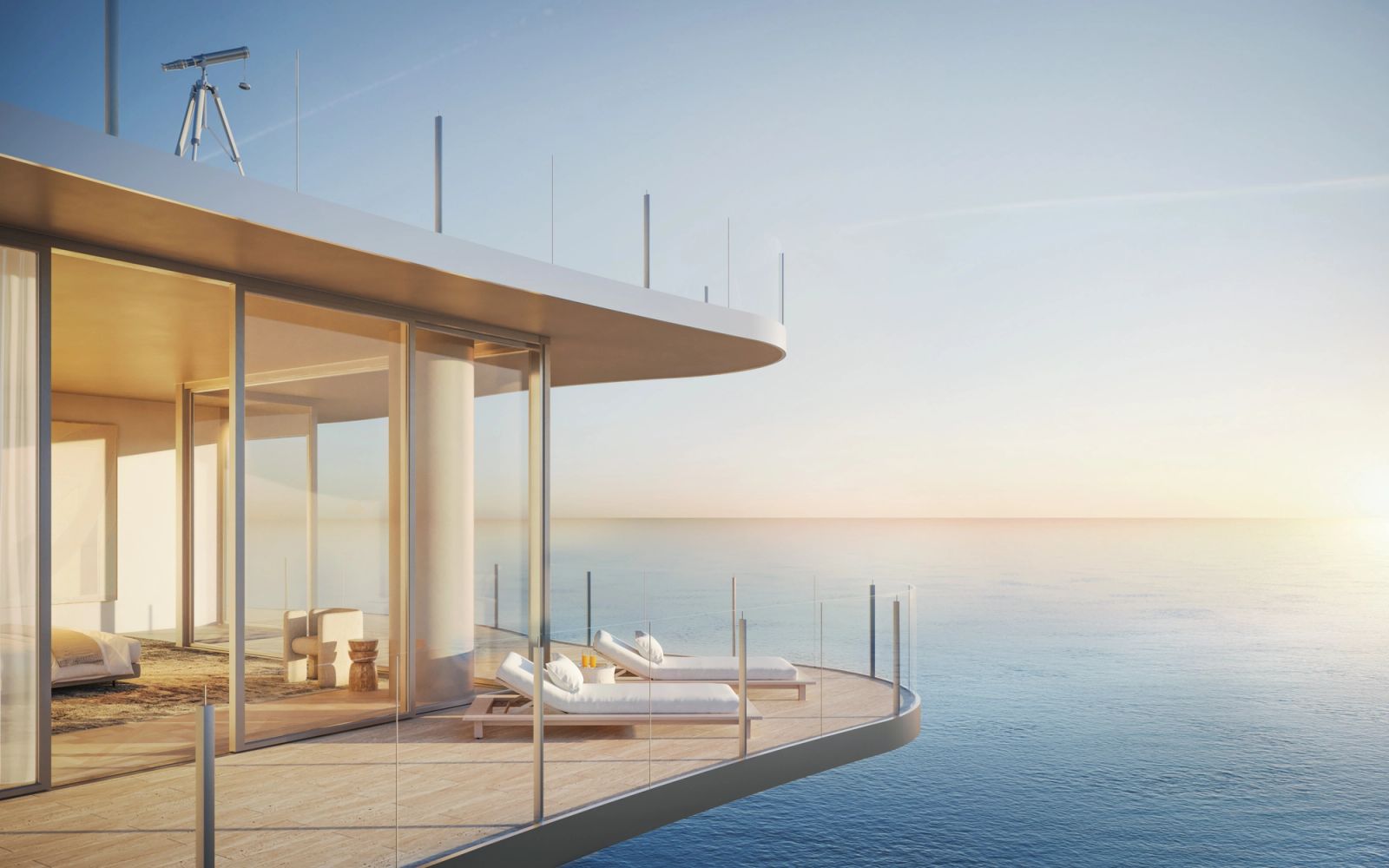 Render de terraza de penthouse en Ocean Terrace Miami Beach con ventanales de piso a techo y vista panorámica al Atlántico al atardecer