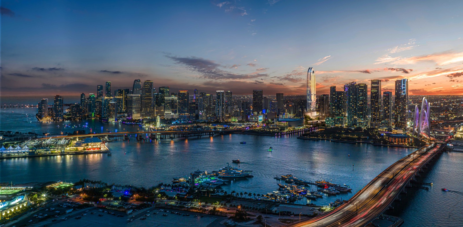 Okan Tower exterior rendering, 902-foot tulip-shaped supertall on the Downtown Miami skyline seen across Biscayne Bay