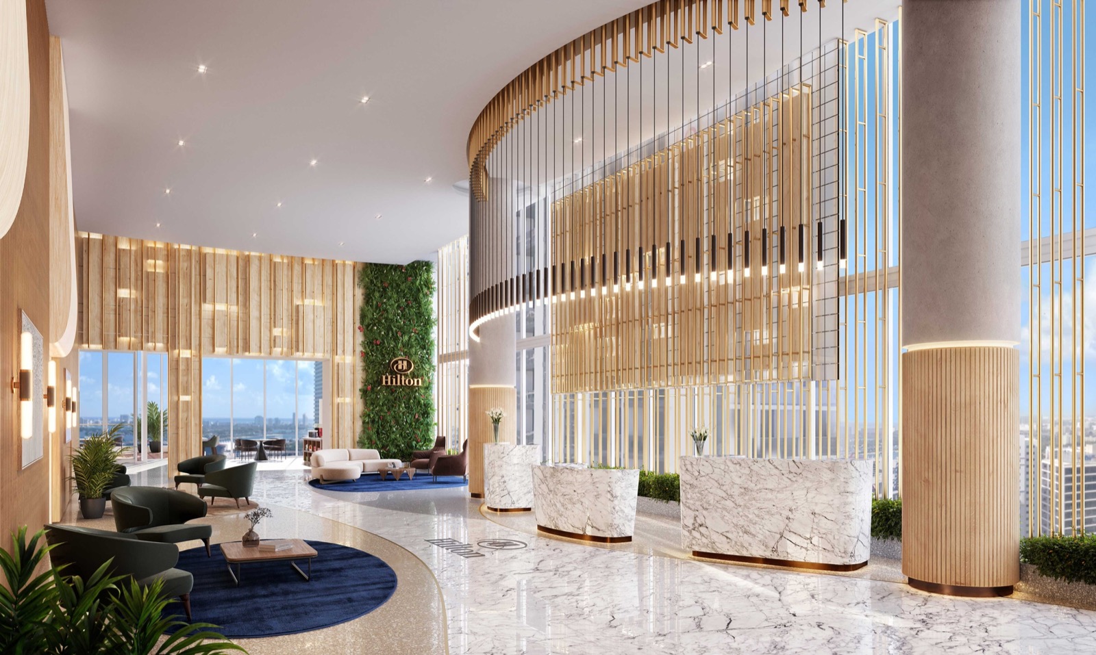 Hilton Miami Bayfront hotel lobby rendering inside Okan Tower, Downtown Miami