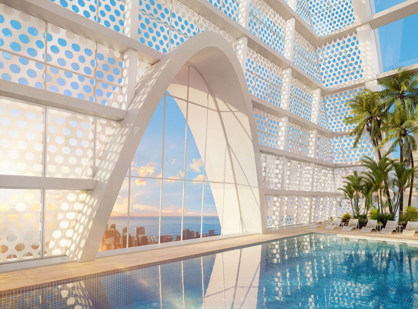 Okan Tower rooftop pool and sky deck rendering with private cabanas above Downtown Miami