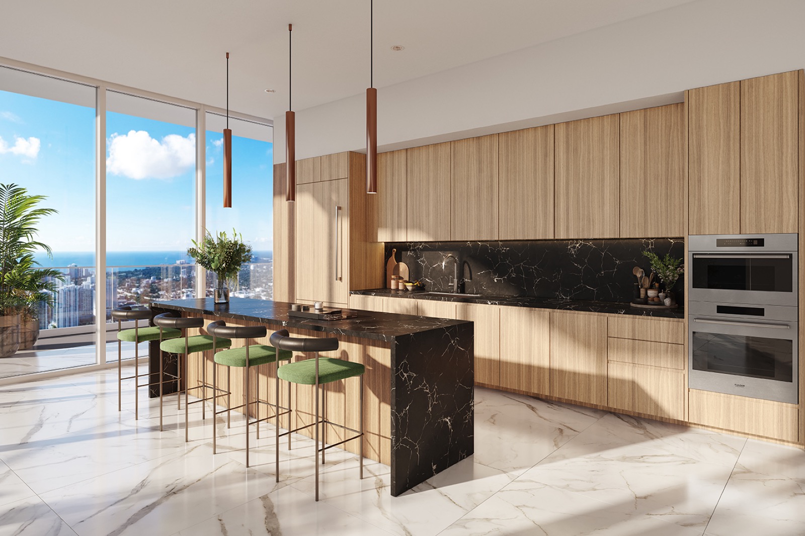 Okan Tower Sky Residence kitchen rendering with European cabinetry and engineered stone counters