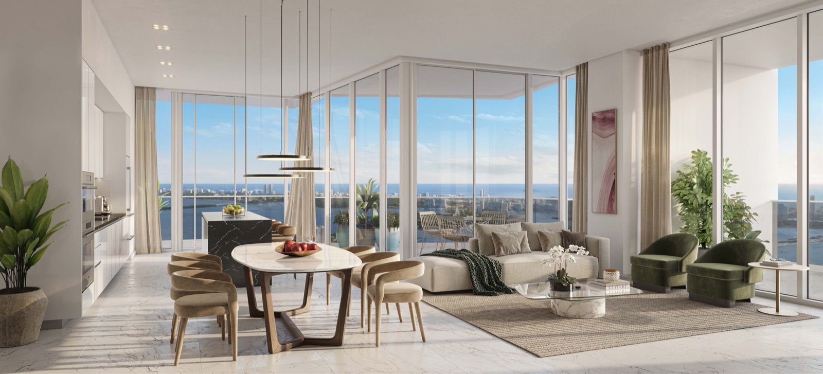 Okan Tower Sky Residence interior rendering with floor-to-ceiling windows over Biscayne Bay, Downtown Miami