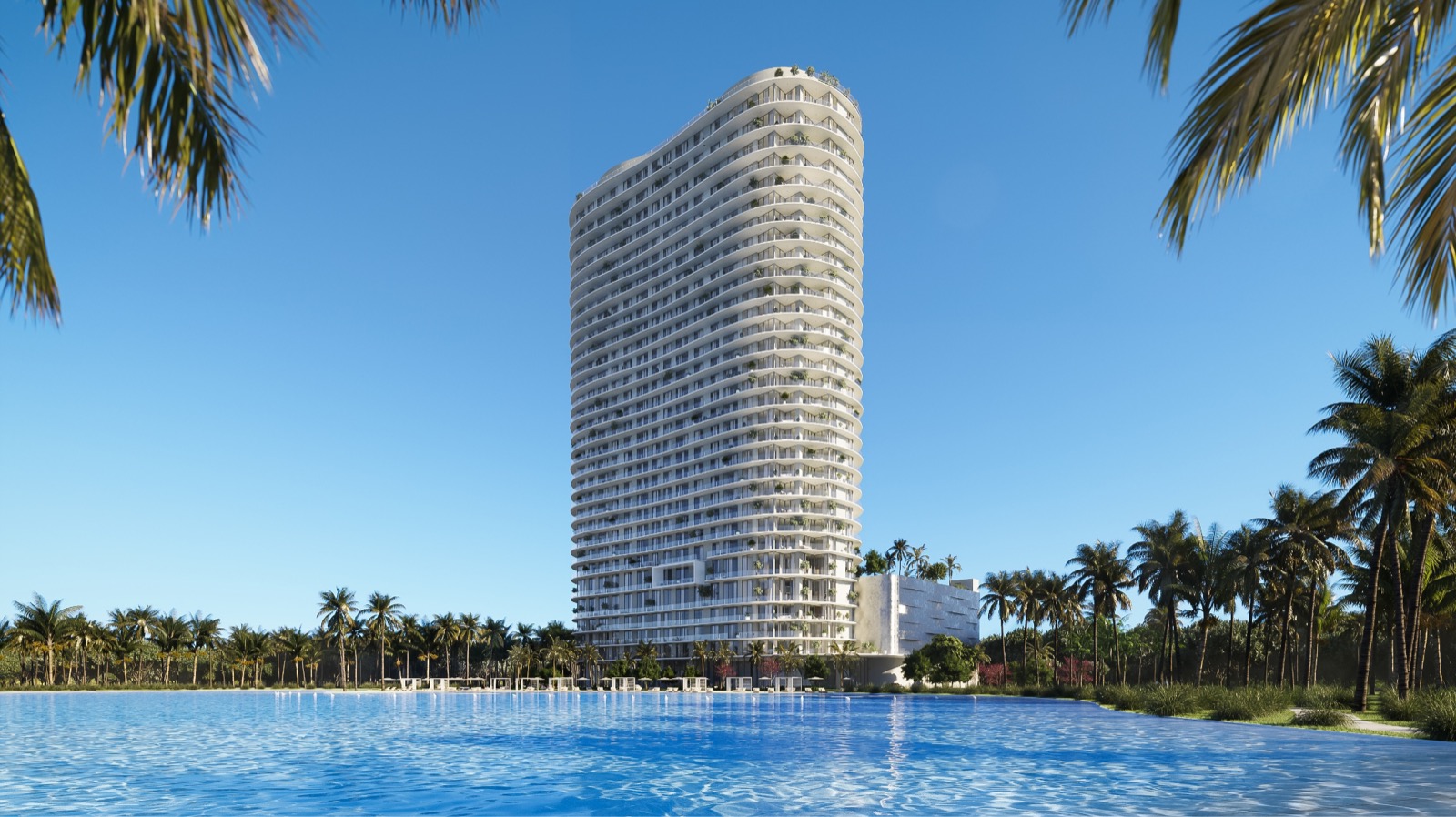 ONE Park Tower by Turnberry visto desde la Crystal Lagoon Laguna SoLe de siete acres en North Miami