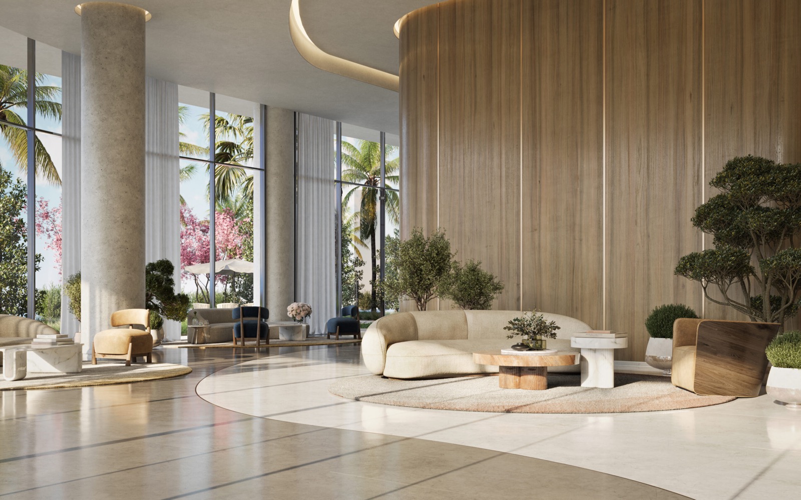 Renderizado del lobby residencial de ONE Park Tower con ventanales de doble altura e interiores de Meyer Davis Studio