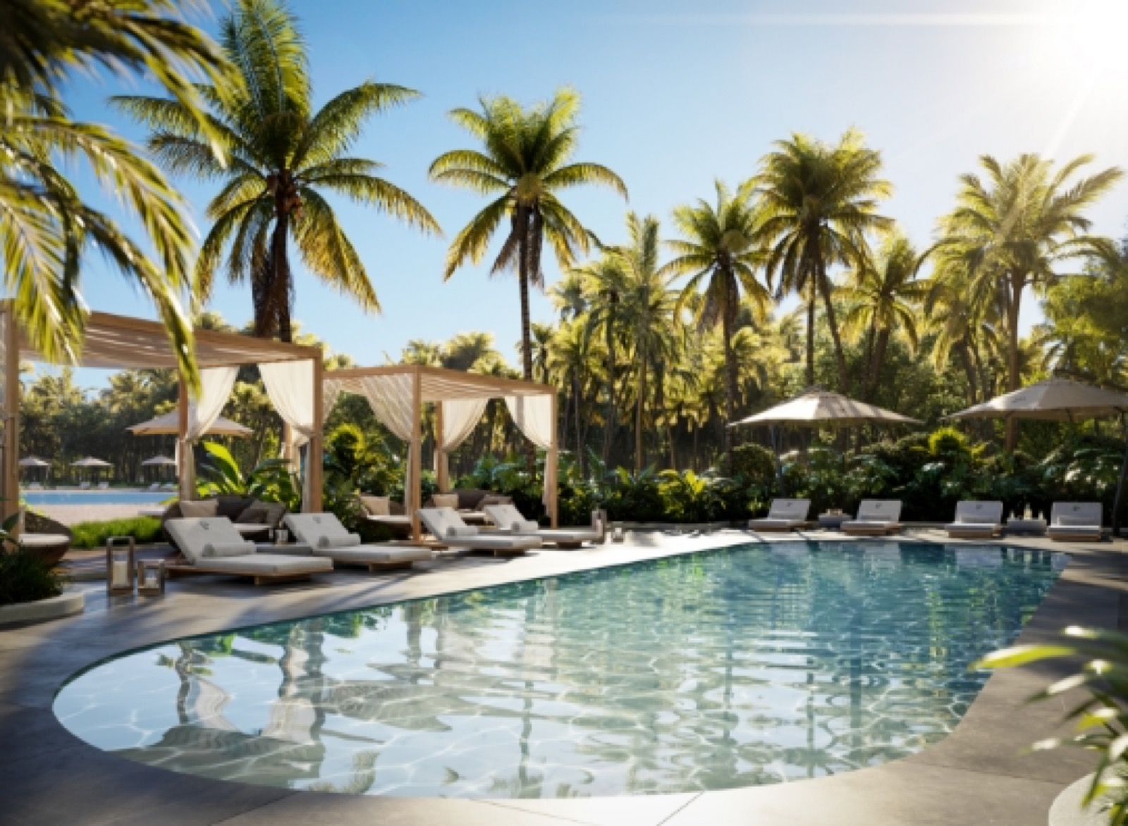 Renderizado de la piscina privada de residentes de ONE Park Tower con cabanas y áreas de descanso