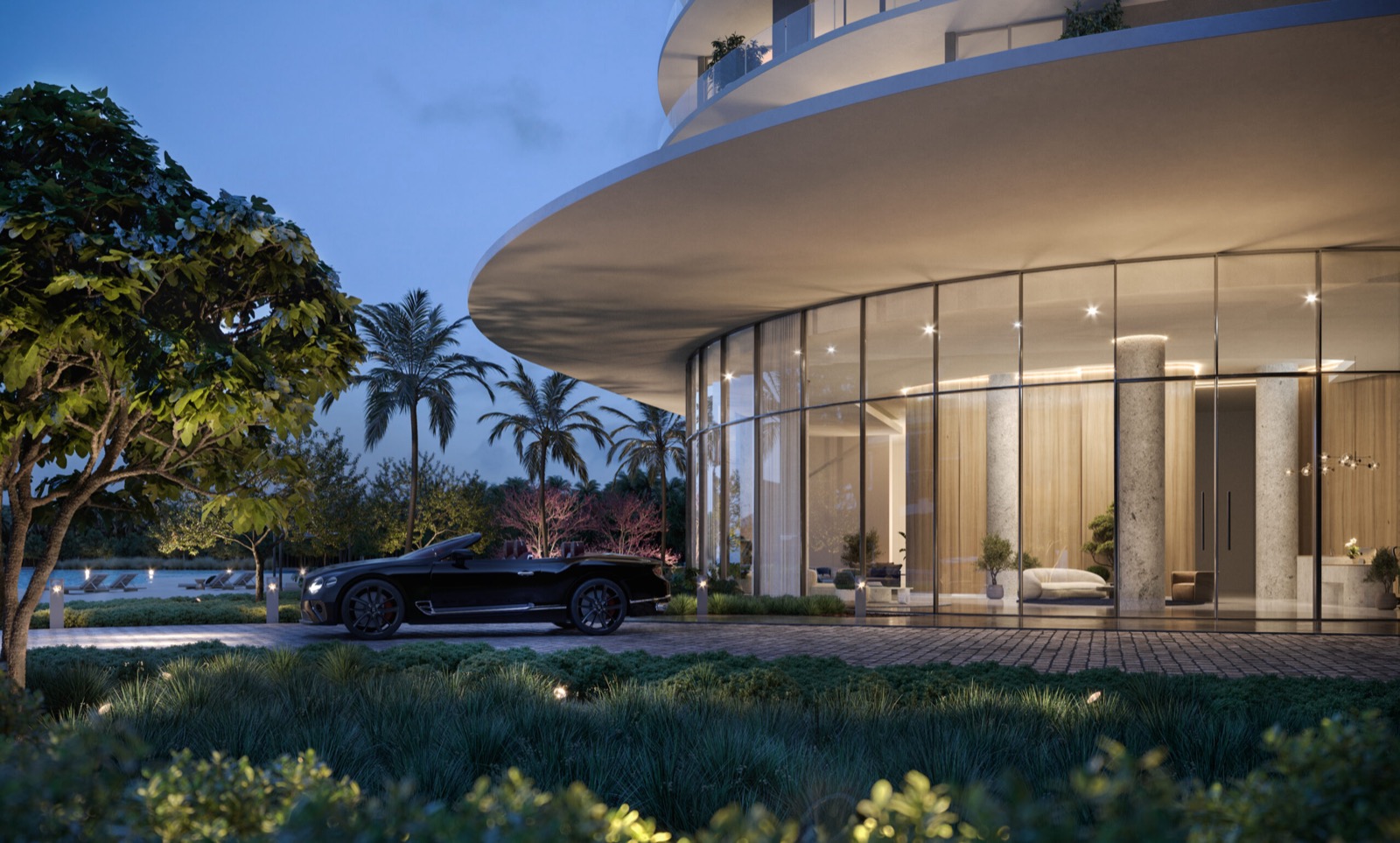 Renderizado del porte cochere residencial privado y la llegada al lobby de ONE Park Tower al atardecer