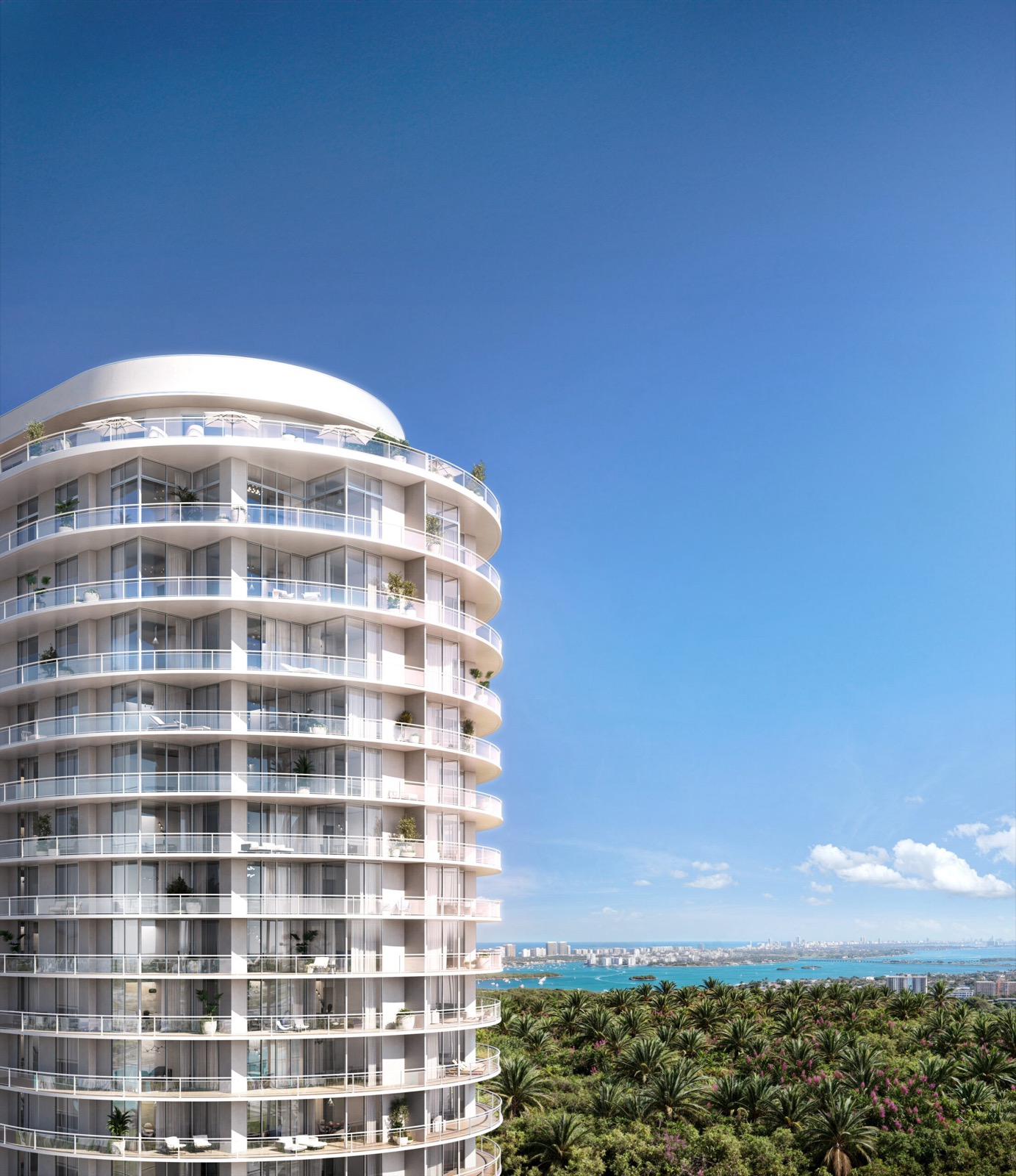Renderizado completo de la torre ONE Park Tower by Turnberry, fachada de 33 pisos de Arquitectonica en SoLe Mia, North Miami