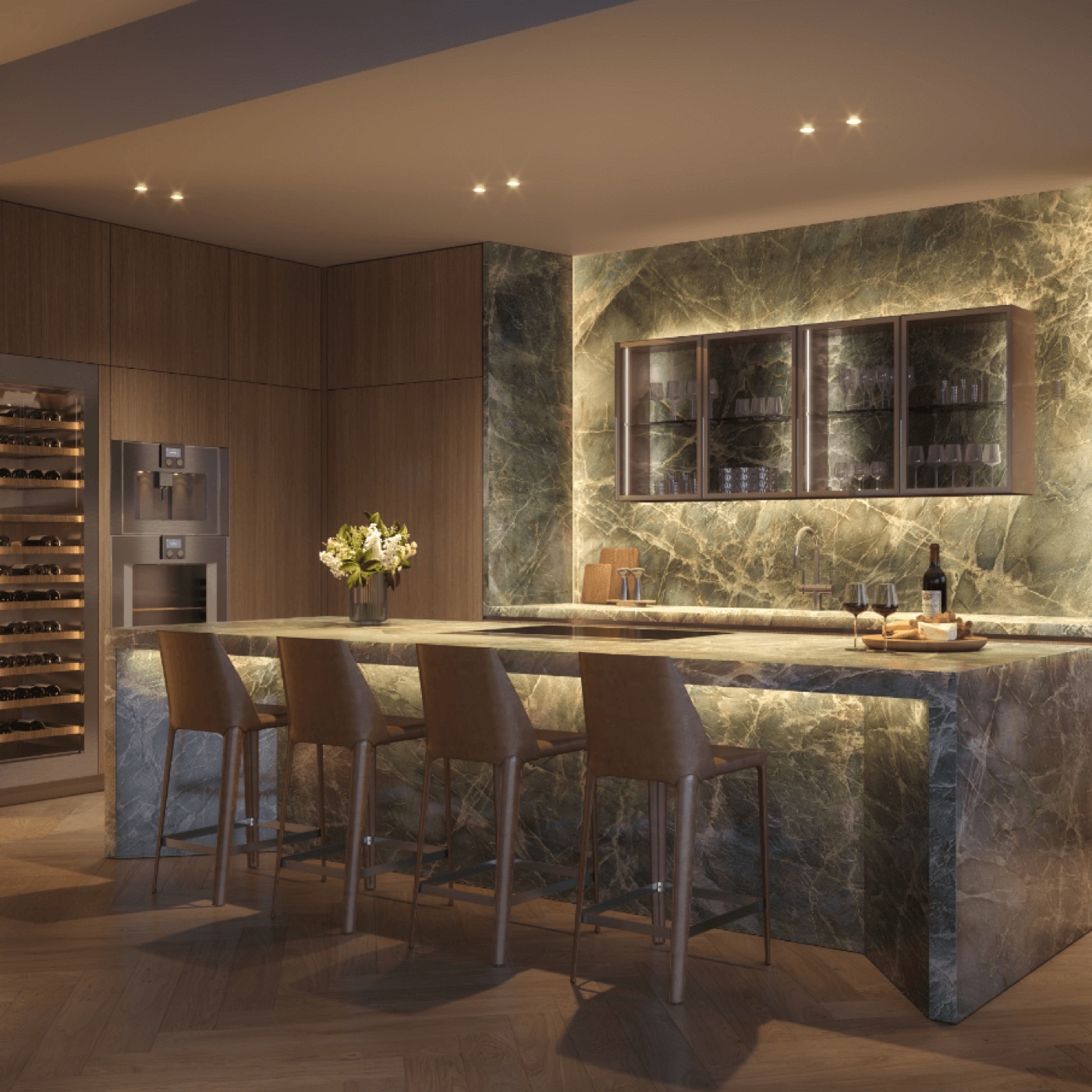 Pagani Residences render da cozinha com armários italianos Schiffini e ilha de 10 pés