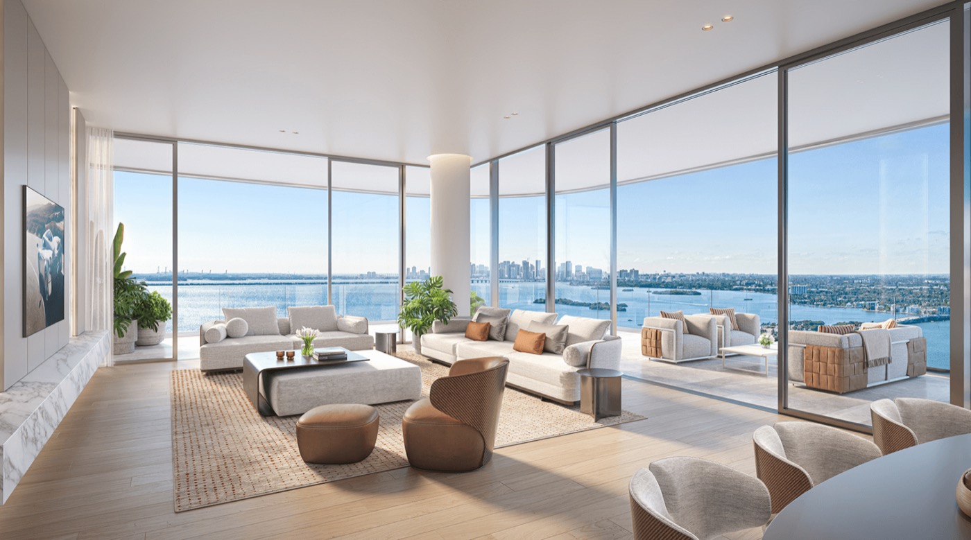 Pagani Residences render da sala com tetos de 11 pés e vistas da Baía de Biscayne