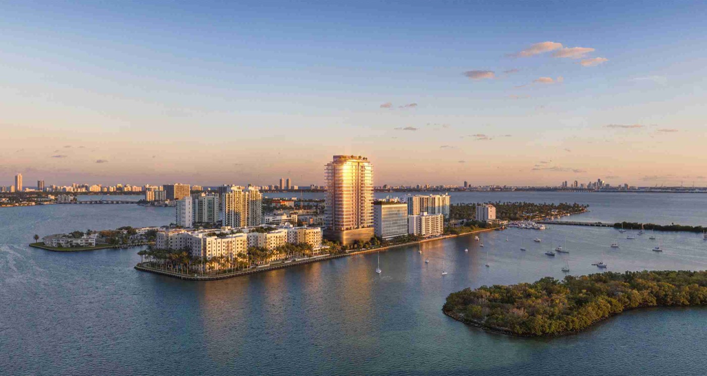 Pagani Residences render ao crepúsculo da torre de 30 andares a beira-mar em North Bay Village, Miami