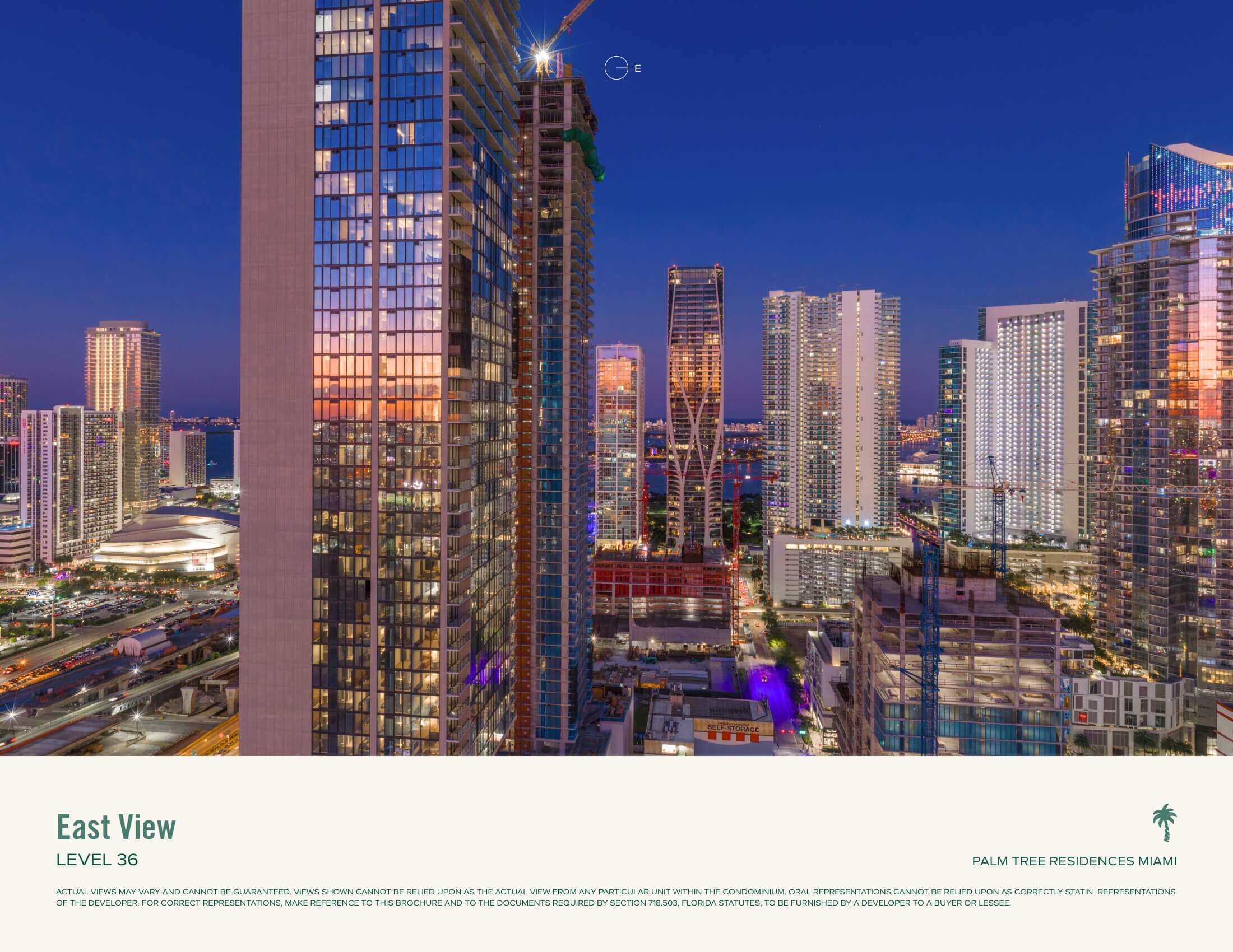 Palm Tree Residences Miami dusk view from the upper floors over the Downtown Miami skyline