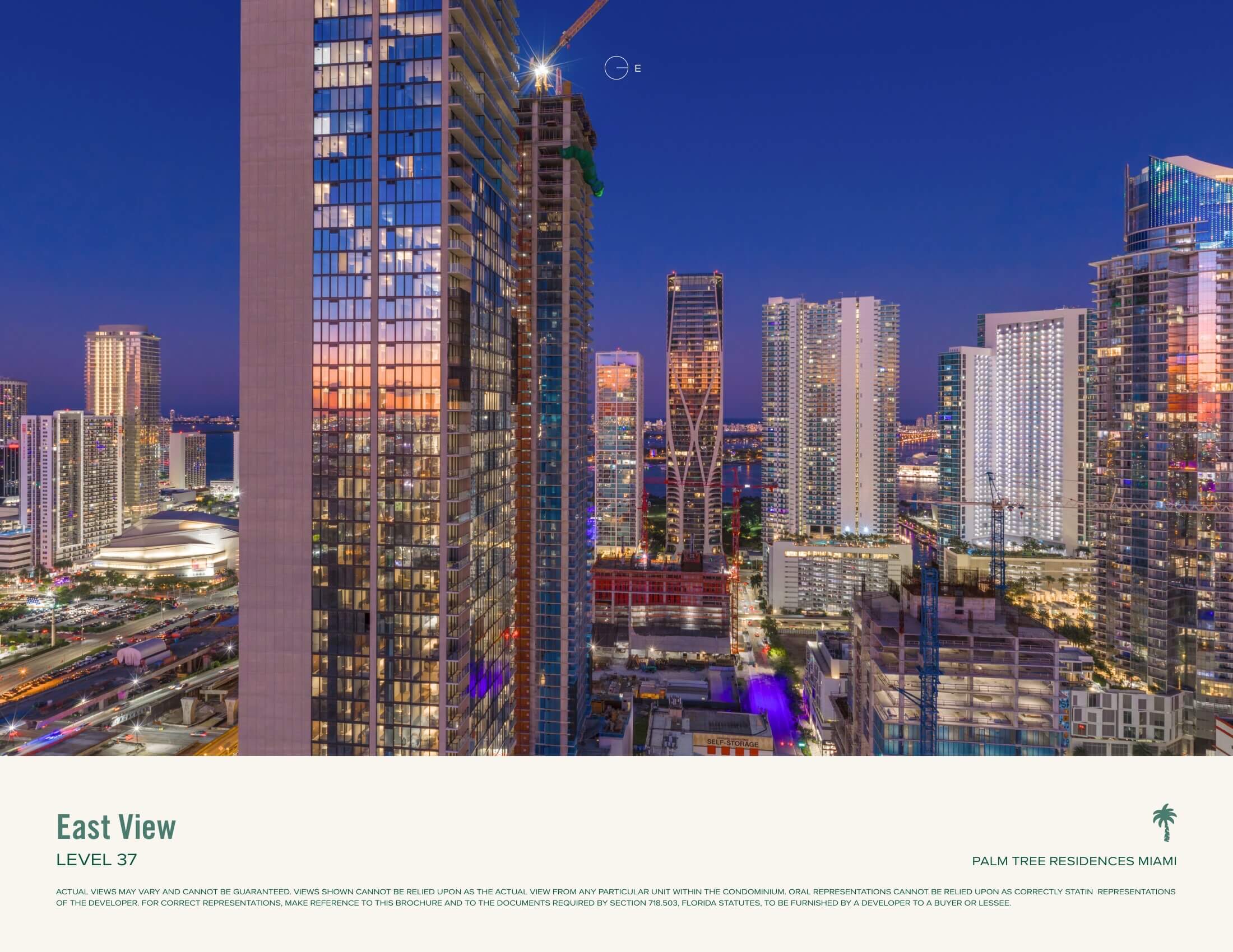 Palm Tree Residences Miami rooftop dusk view from Level 37 over Downtown Miami