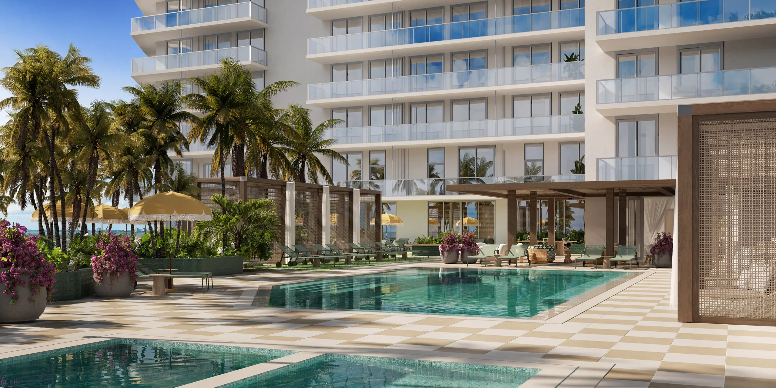 Palma Miami Beach official rendering, resort-style pool deck with cabanas at 600 71st Street in North Beach