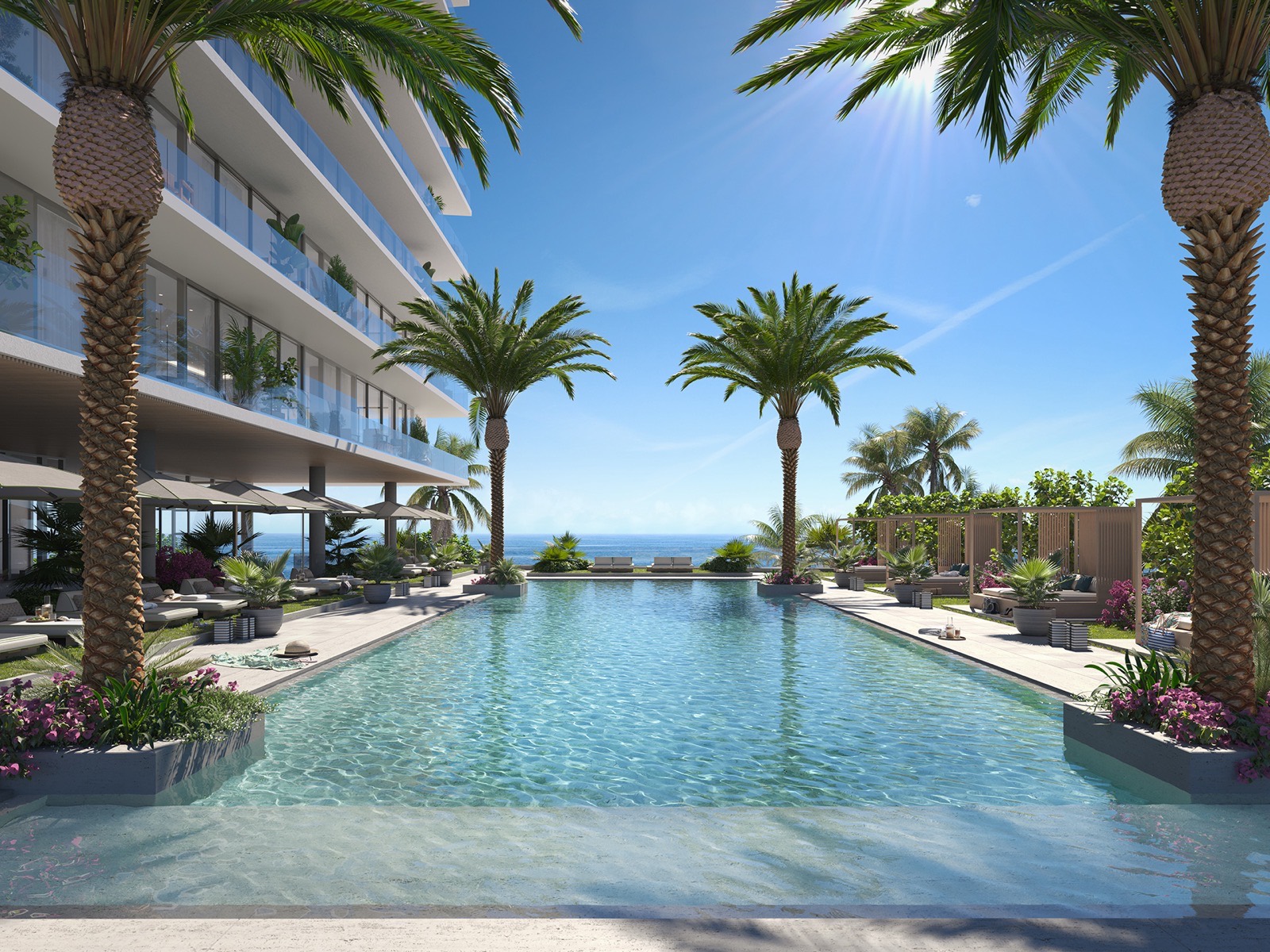 Render de la piscina frente al mar en Rosewood Residences Hillsboro Beach con cabañas y camastros mirando al Atlantico