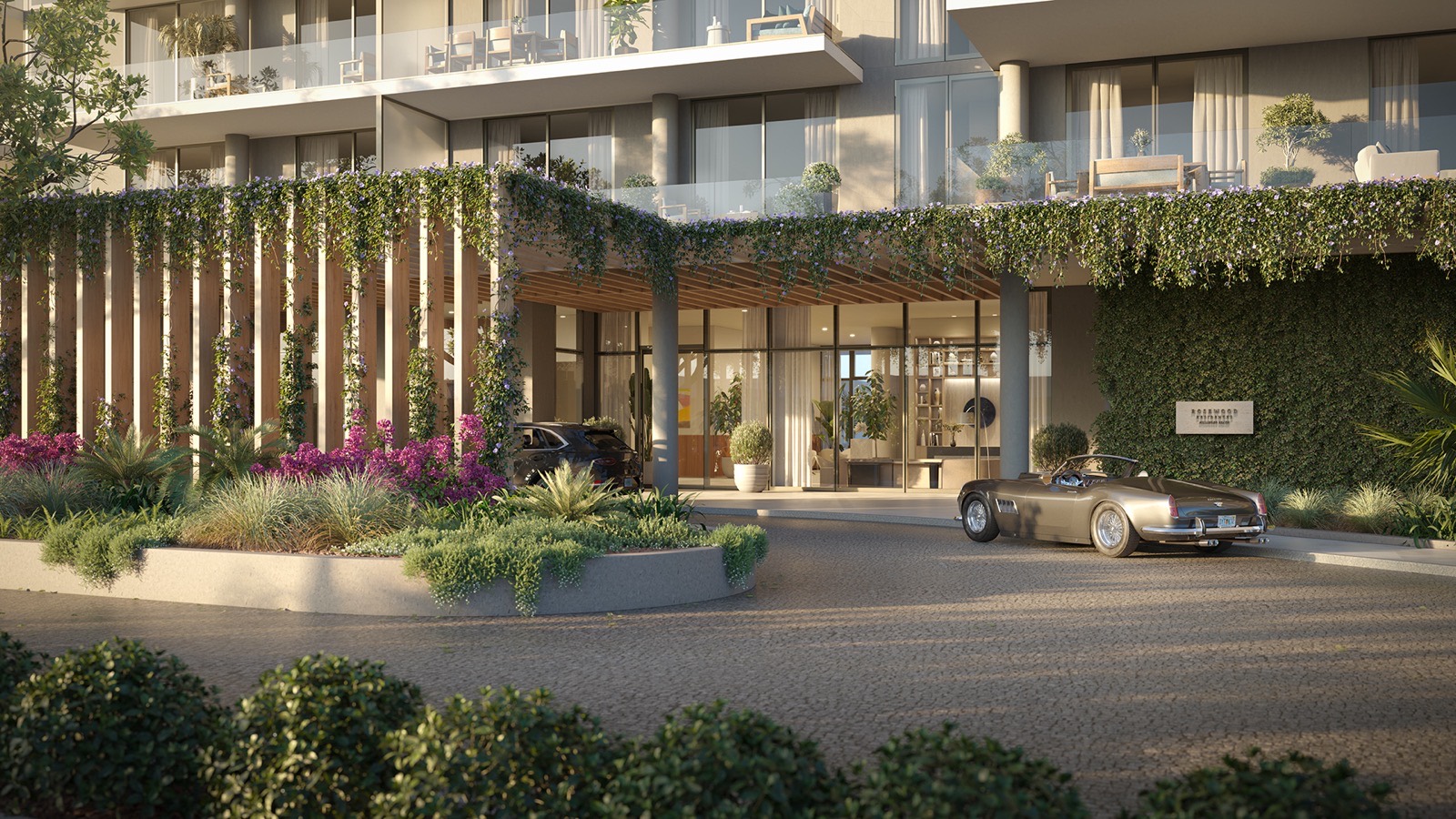 Render del porte cochere de llegada en Rosewood Residences Hillsboro Beach con acceso paisajistico y entrada cubierta