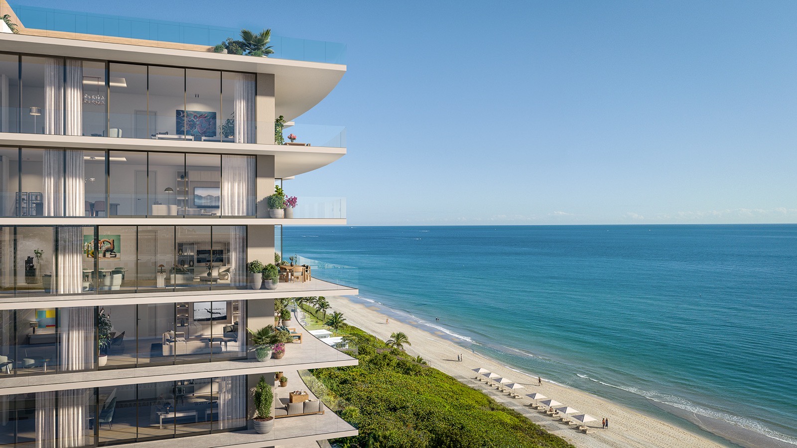 Render de la torre frente al mar de Rosewood Residences Hillsboro Beach con sombrillas en la playa sobre el Atlantico en 1180 Hillsboro Mile