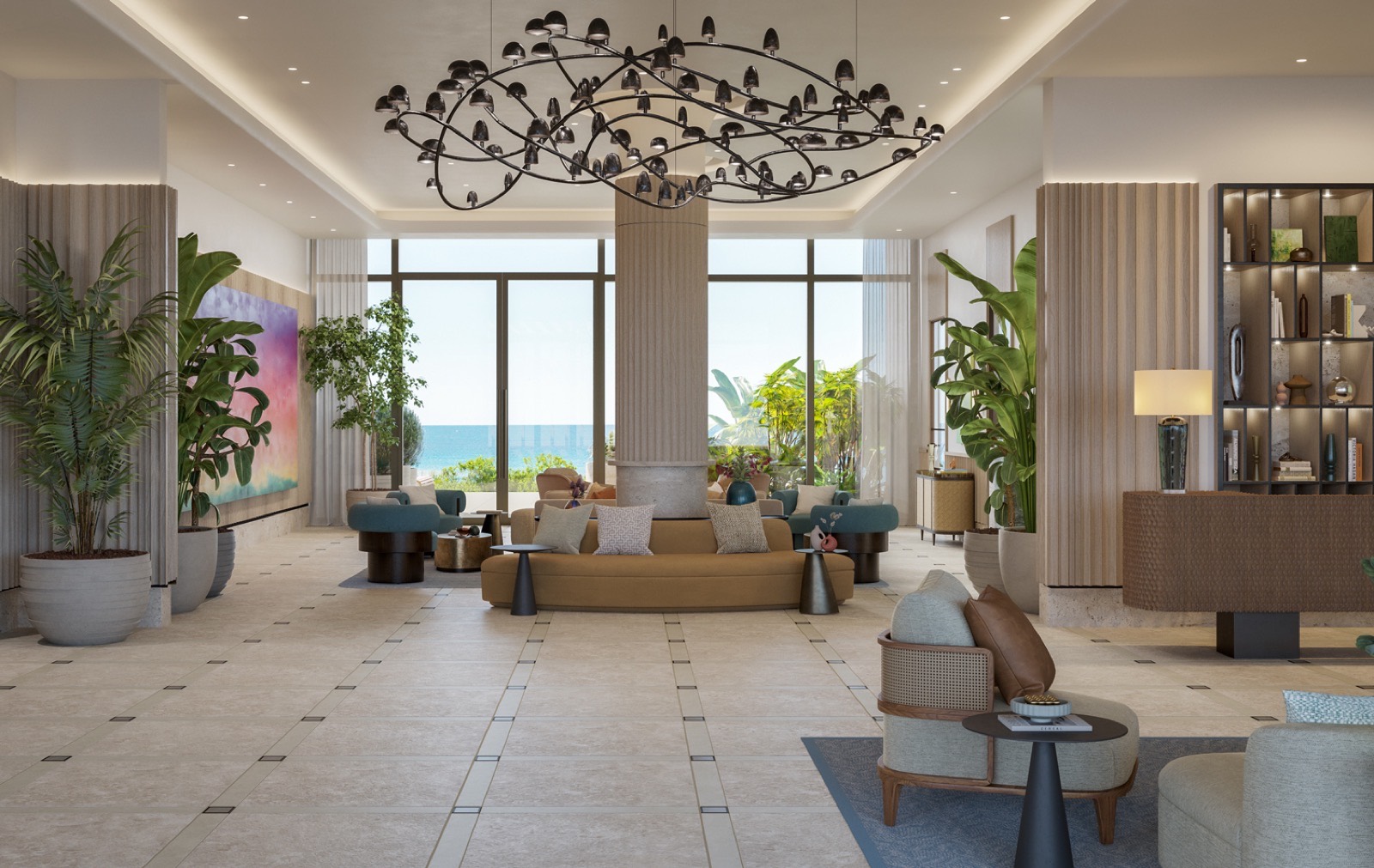 Render del lobby en Rosewood Residences Hillsboro Beach diseñado por Studio Piet Boon con estancia abierta