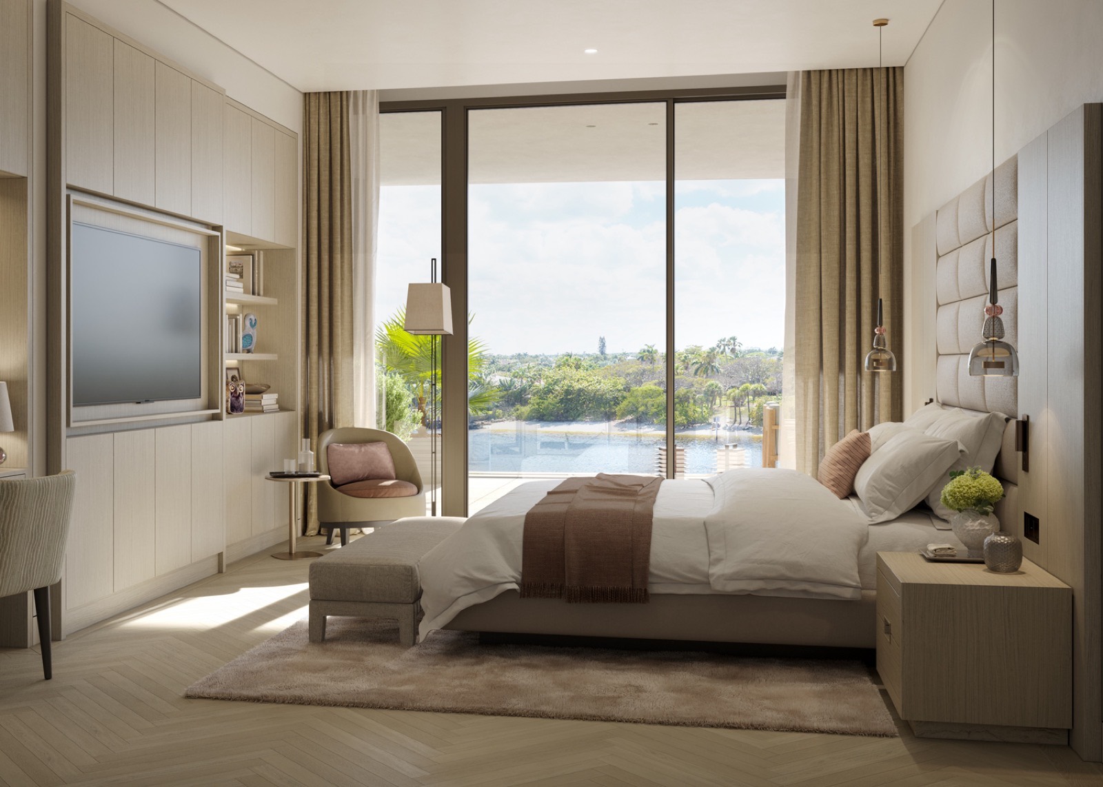 Render de la habitacion principal en Rosewood Residences Hillsboro Beach con vistas al agua y detalles en madera europea