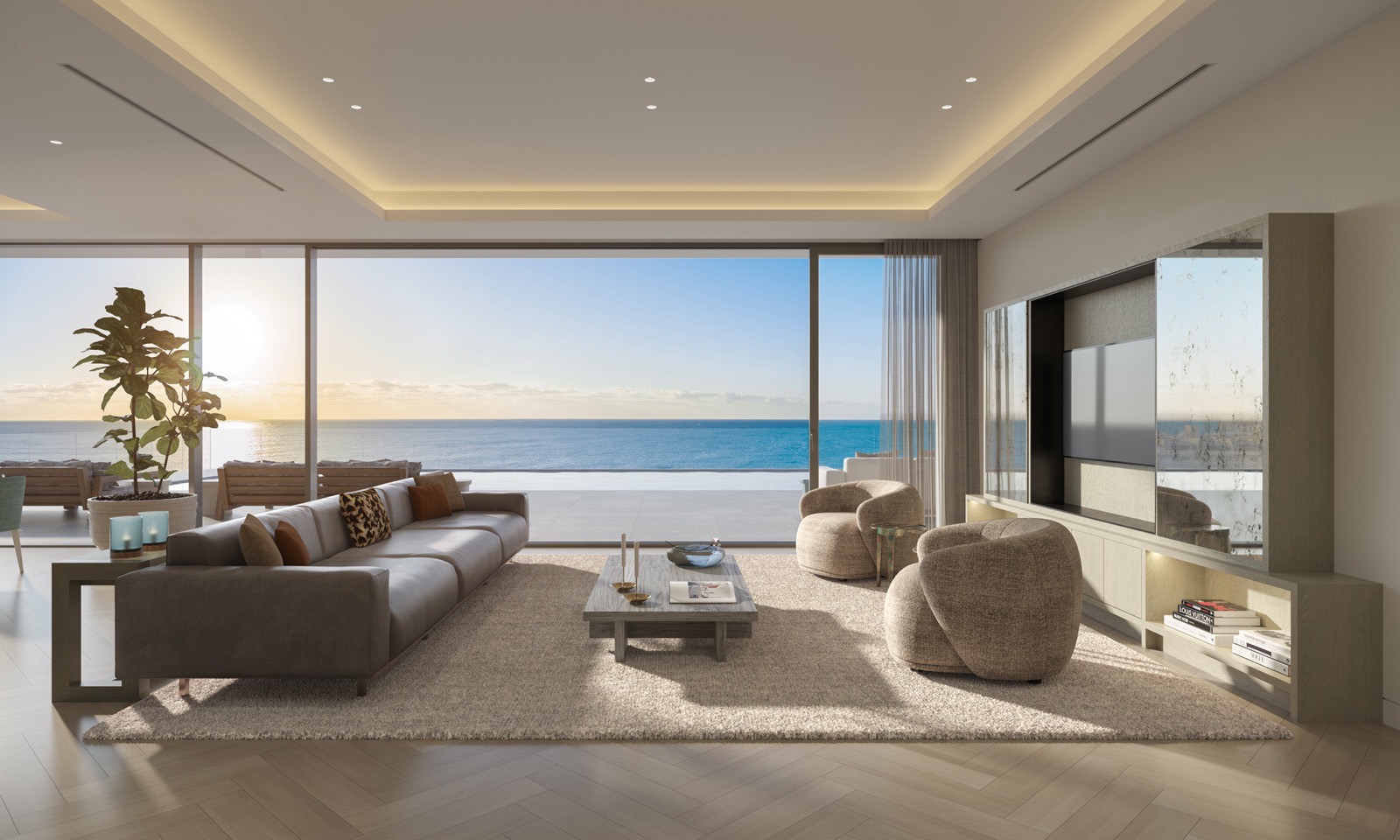 Render del interior de la sala familiar en Rosewood Residences Hillsboro Beach con cristal de piso a techo que abre a una terraza sobre el Atlantico