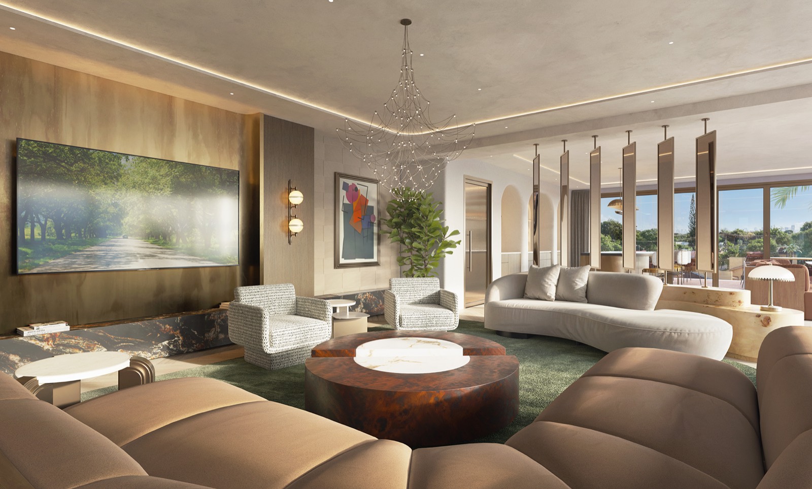Render del salón de amenidades de Seventeen Gables con área de estar y cocina, Coral Gables