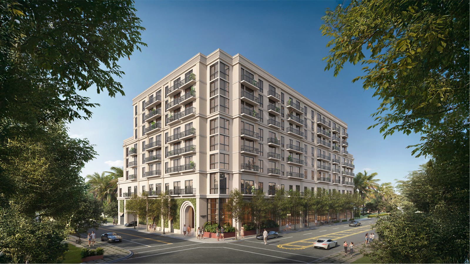 Render oficial de Seventeen Gables Residences, condominio de ocho pisos en 1715 Douglas Road, Coral Gables