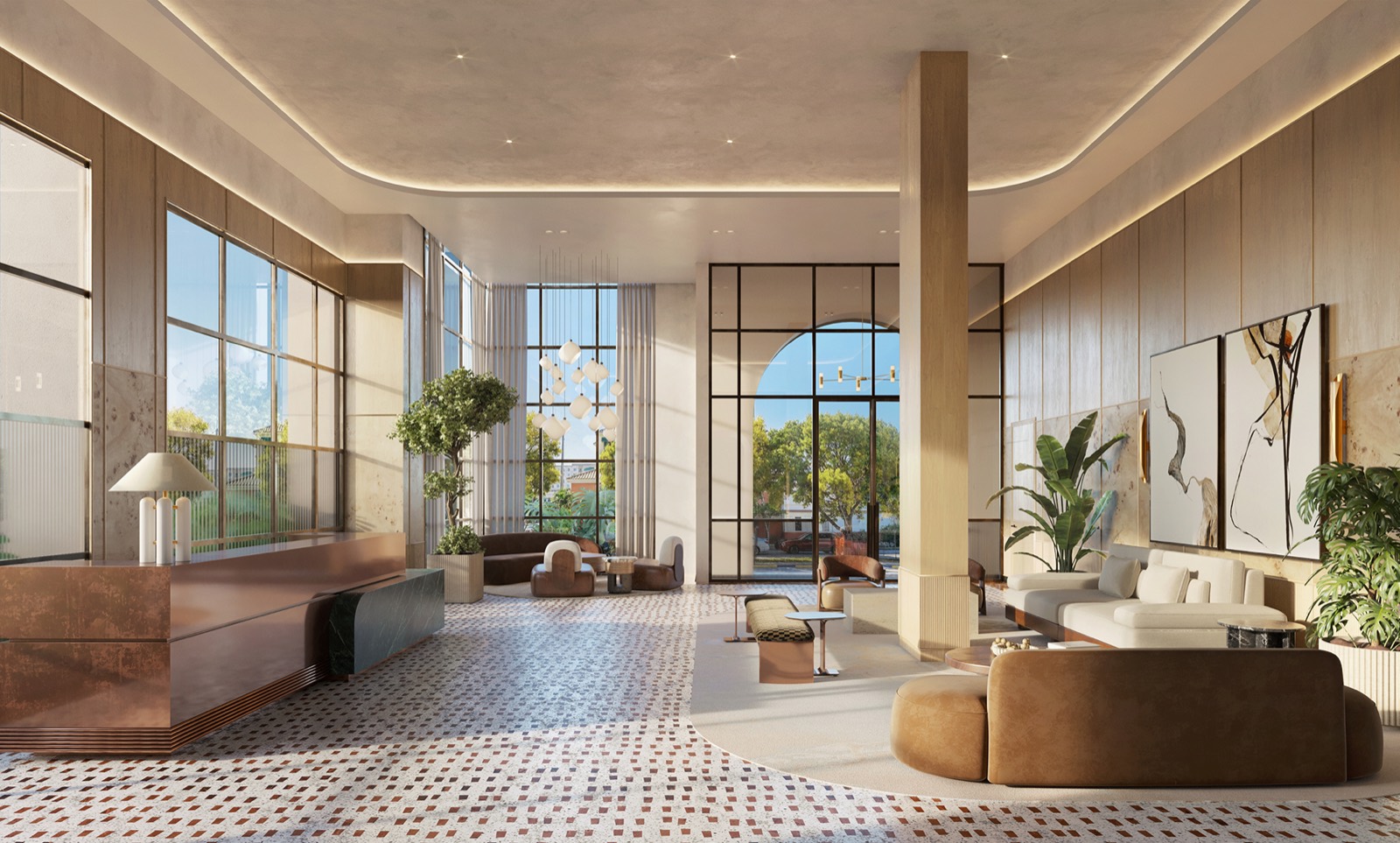 Render del lobby de Seventeen Gables Residences, entrada del condominio en Coral Gables