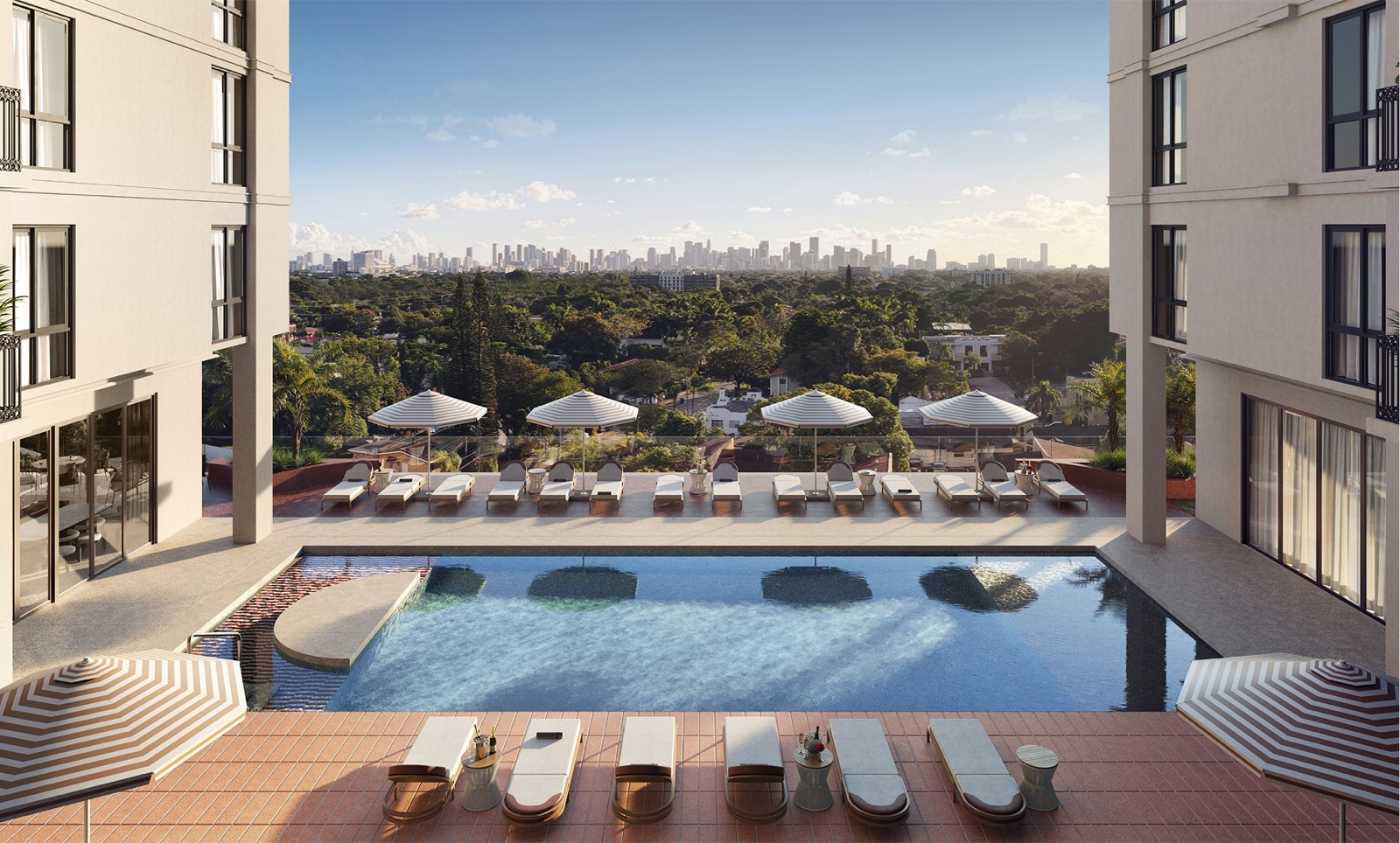 Render de la terraza de piscina de Seventeen Gables Coral Gables con salón y terraza ajardinada