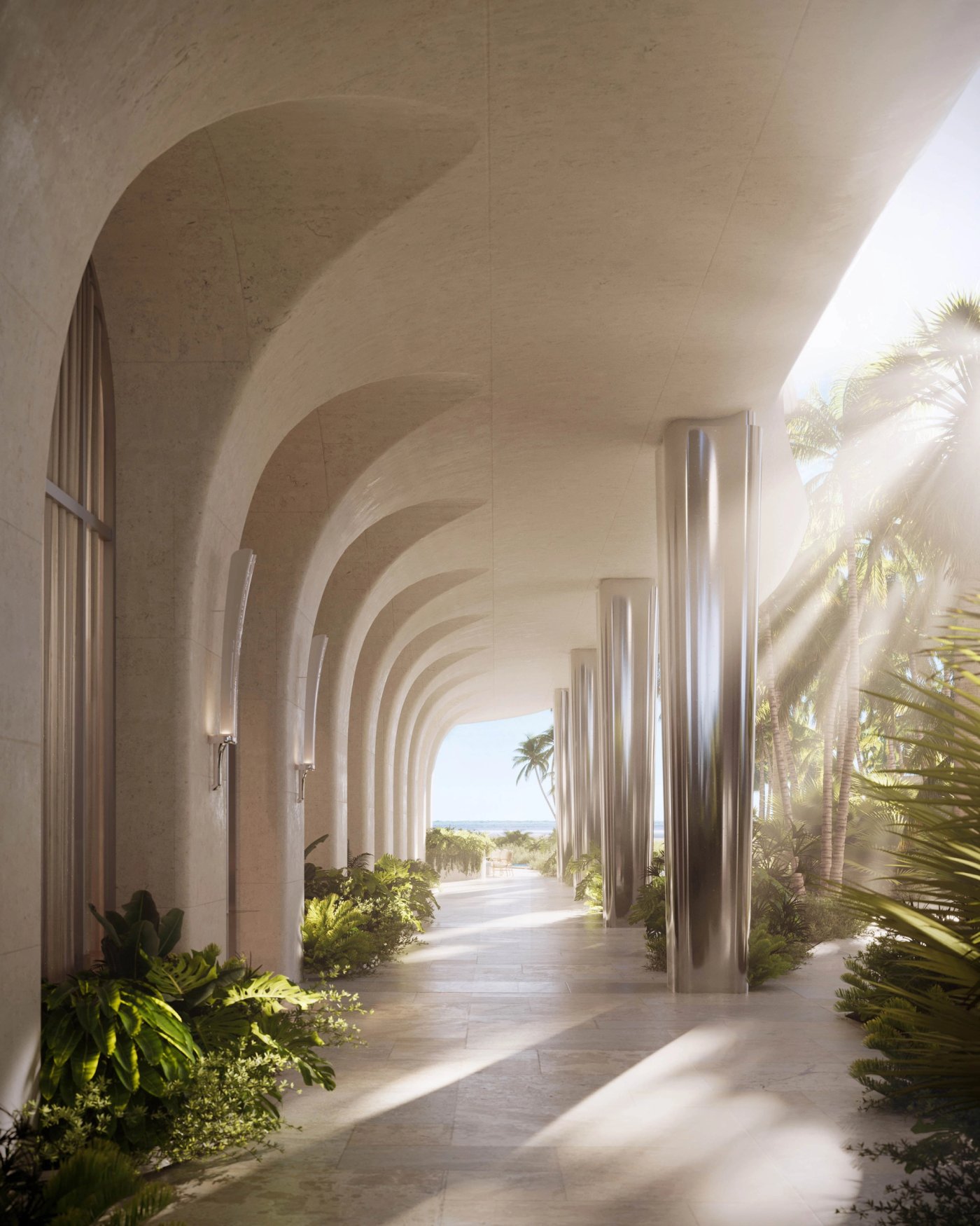 Renderização da colunata do Shore Club Private Collection com colunas esculturais em direção à praia