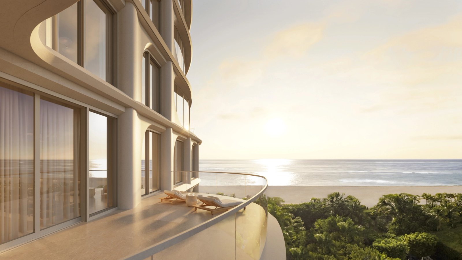 Renderização da sala de uma residência do Shore Club Private Collection com vista para o oceano sobre Miami Beach