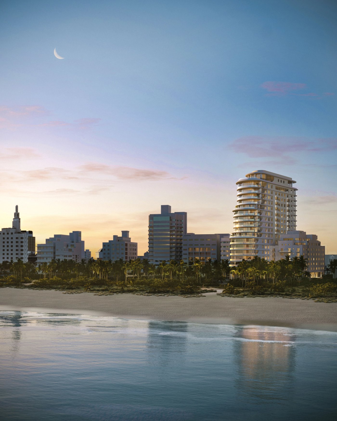 O The Shore Club Private Collection no skyline de Miami Beach ao entardecer