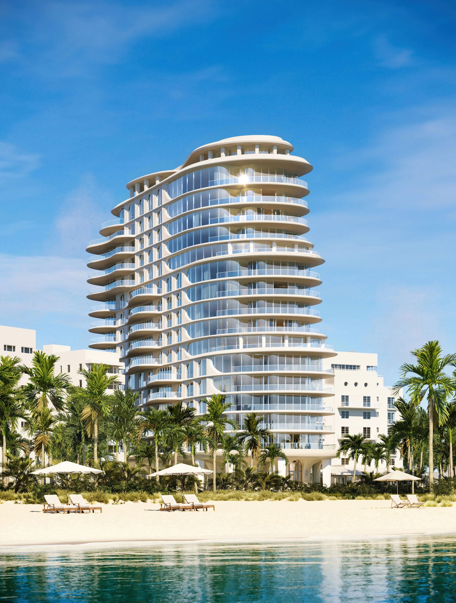 Renderização do exterior da torre do The Shore Club Private Collection na 1901 Collins Avenue, Miami Beach