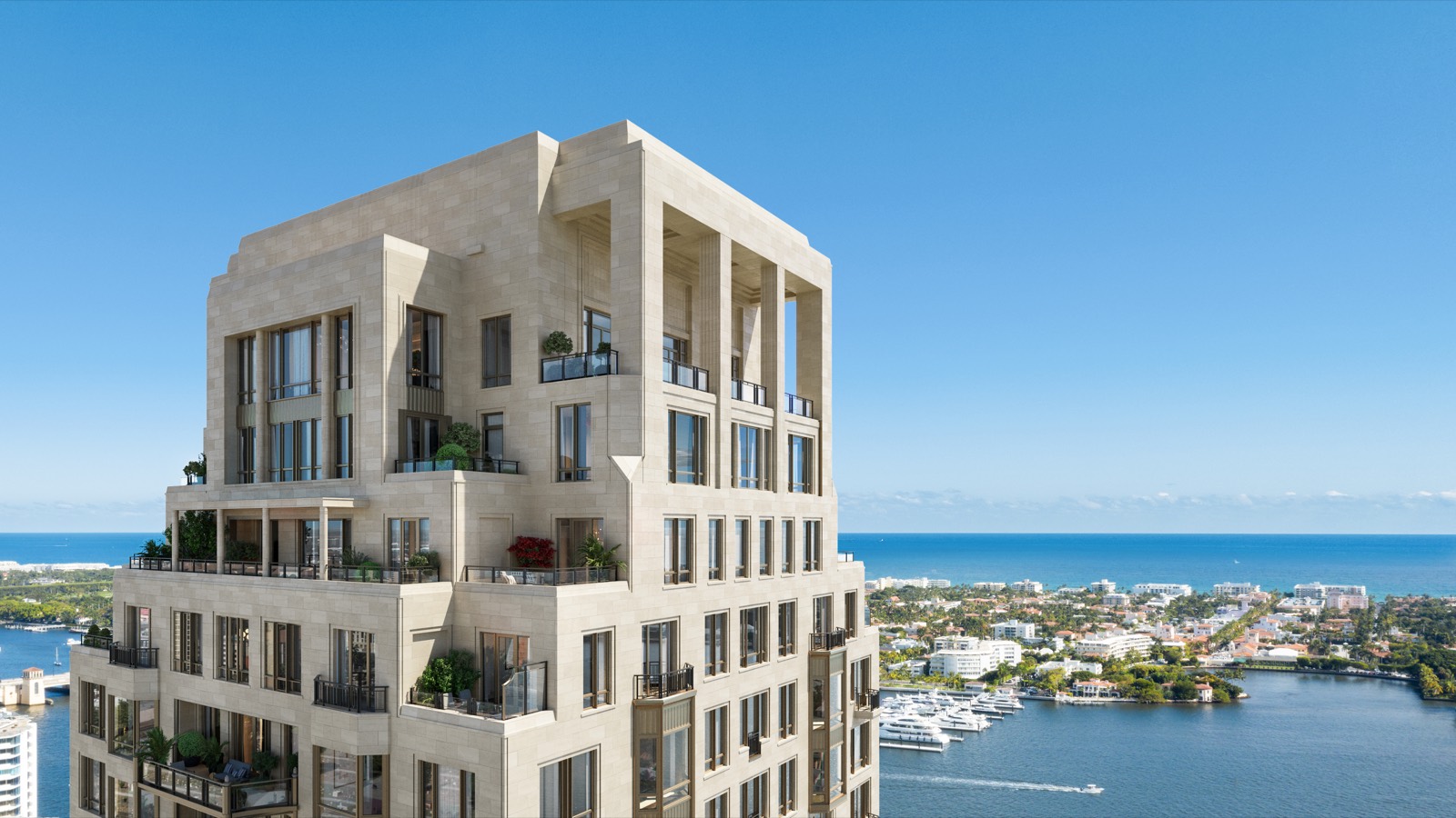 Renderização oficial do South Flagler House, duas torres de 28 andares de Robert A.M. Stern na 1355 South Flagler Drive, West Palm Beach