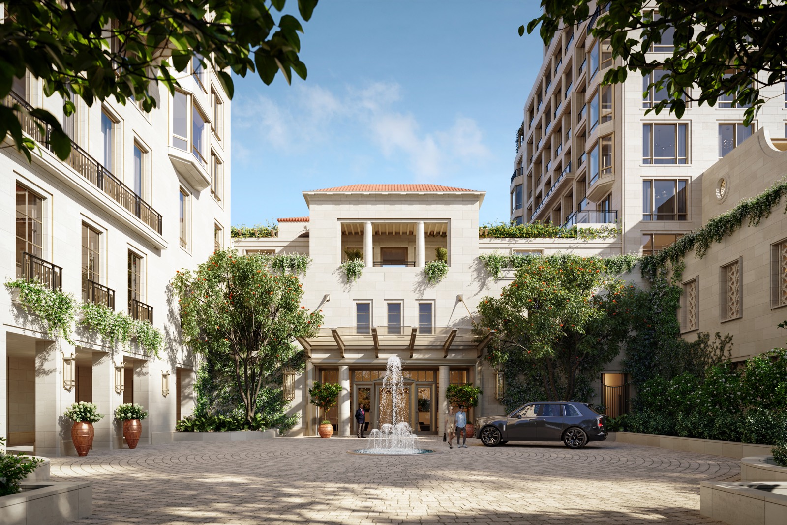 Renderização da entrada porte cochere do South Flagler House com paisagismo em West Palm Beach