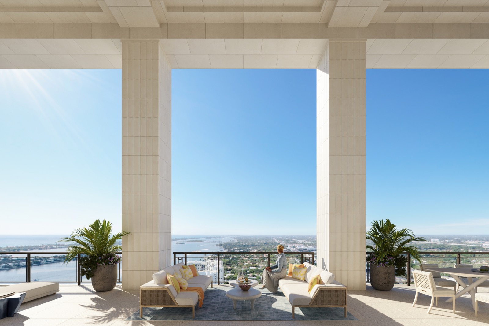 Renderização do terraço de cobertura do South Flagler House com colunas de pé-direito duplo sobre Palm Beach Island