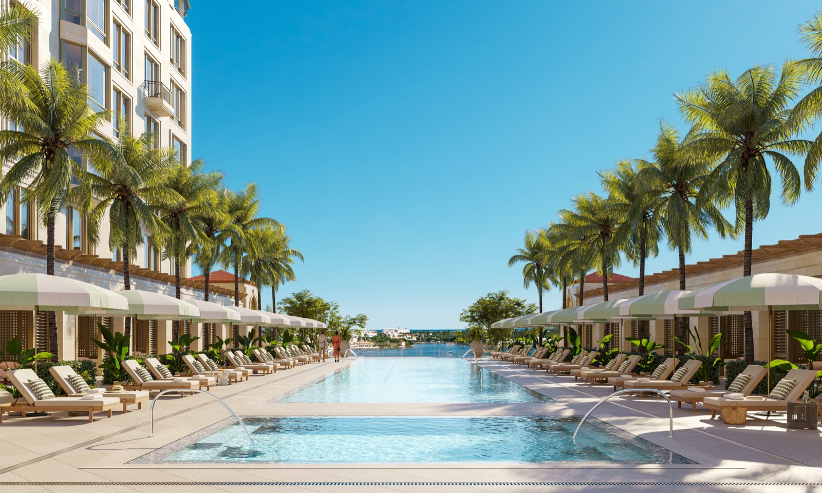 Renderização do deck de piscina à beira do lago do South Flagler House com cabanas e vista para o Intracoastal em West Palm Beach