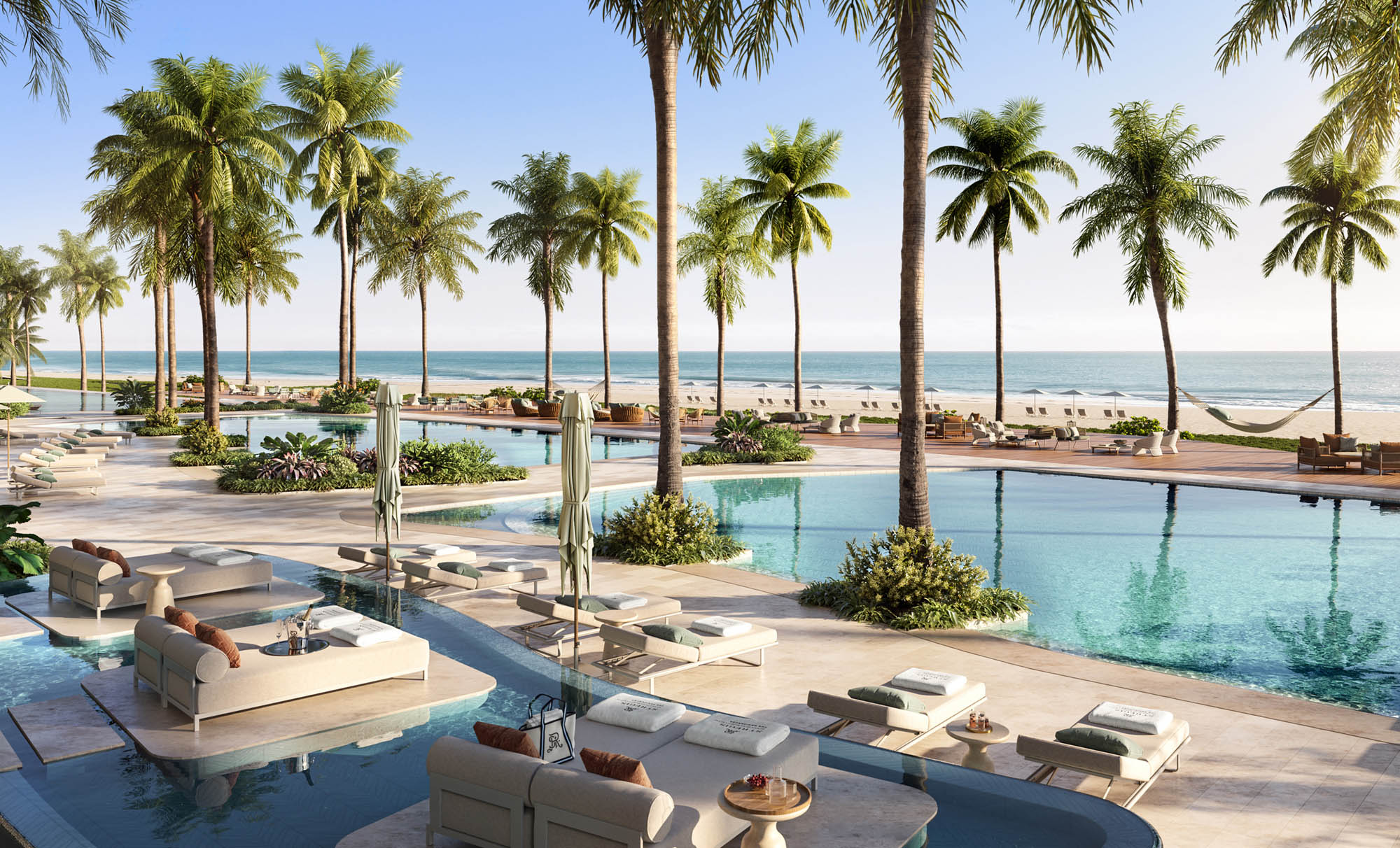 St. Regis Residences Sunny Isles Beach east pool deck rendering facing the Atlantic Ocean