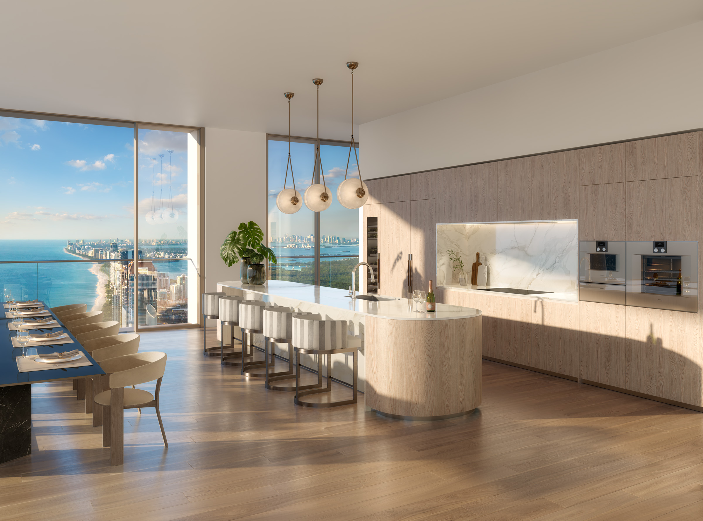 St. Regis Residences Sunny Isles Beach residence kitchen rendering with ocean view through floor-to-ceiling glass