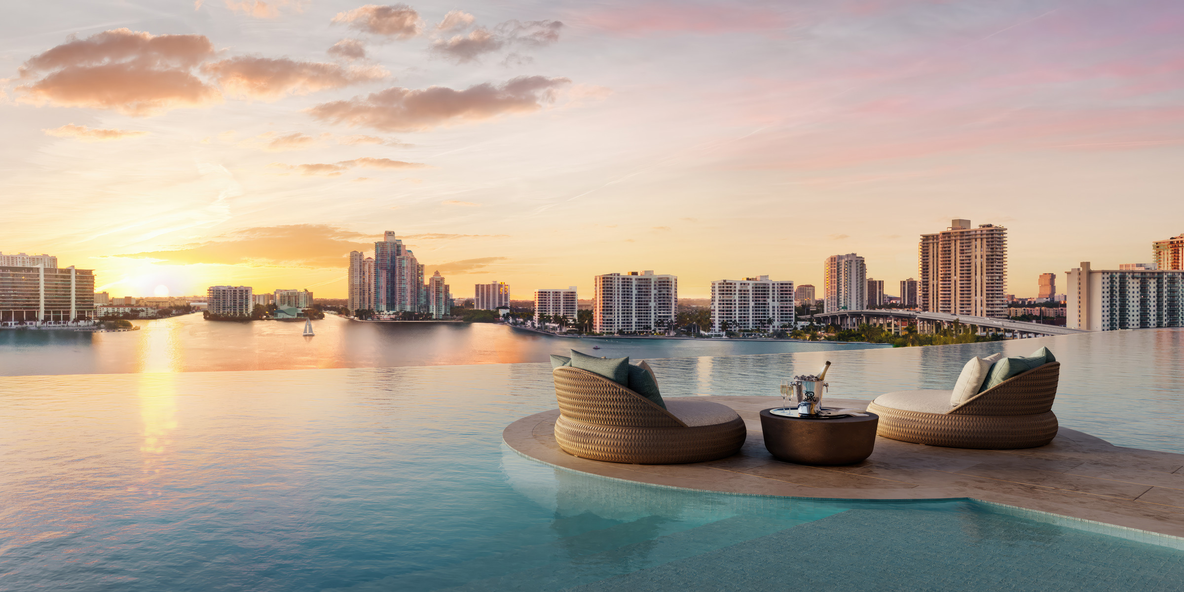 St. Regis Residences Sunny Isles Beach West Pool Deck rendering with infinity-edge pool and events lawn