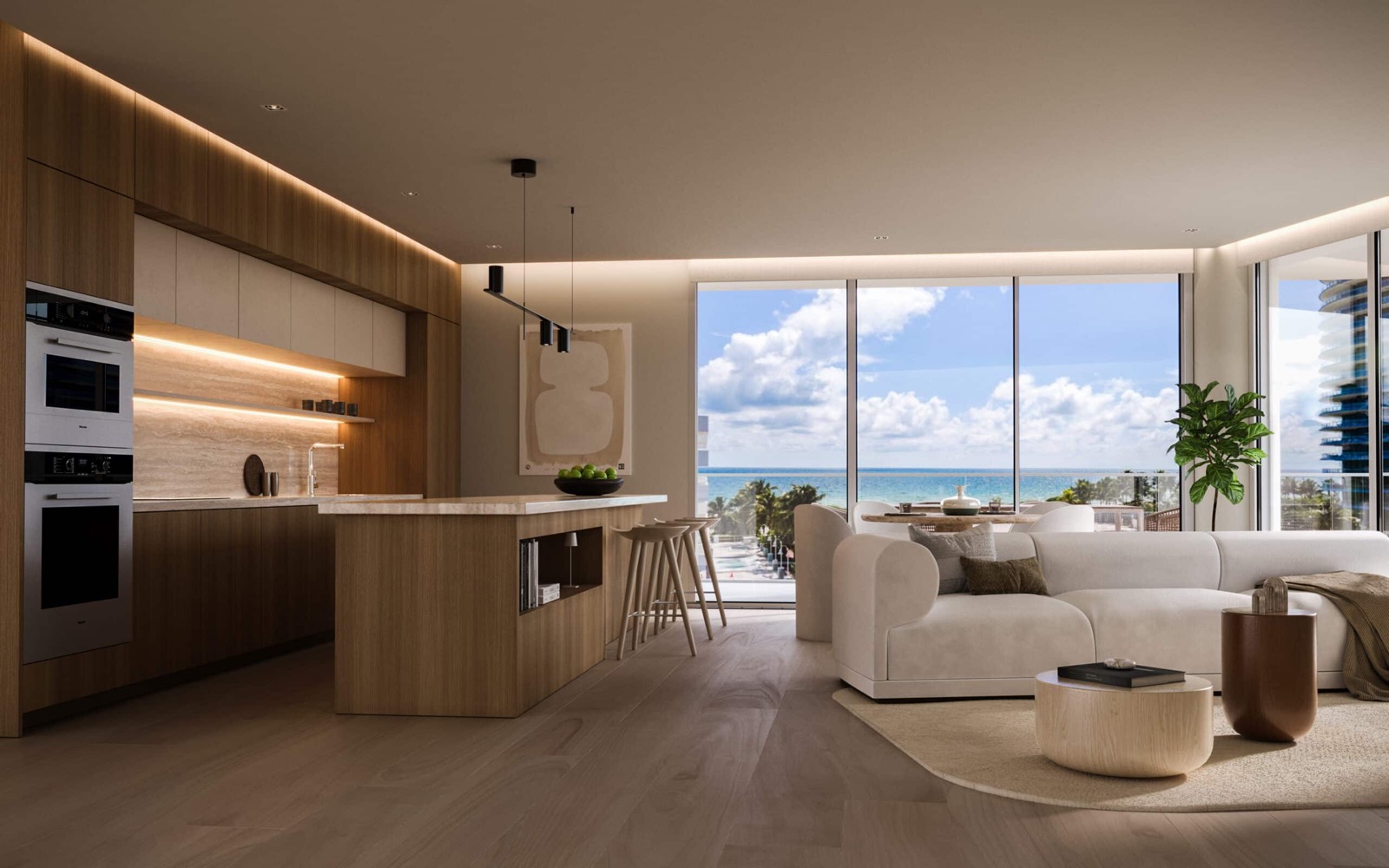 Surf Row Residences interior rendering of a residence with terrace, Surfside