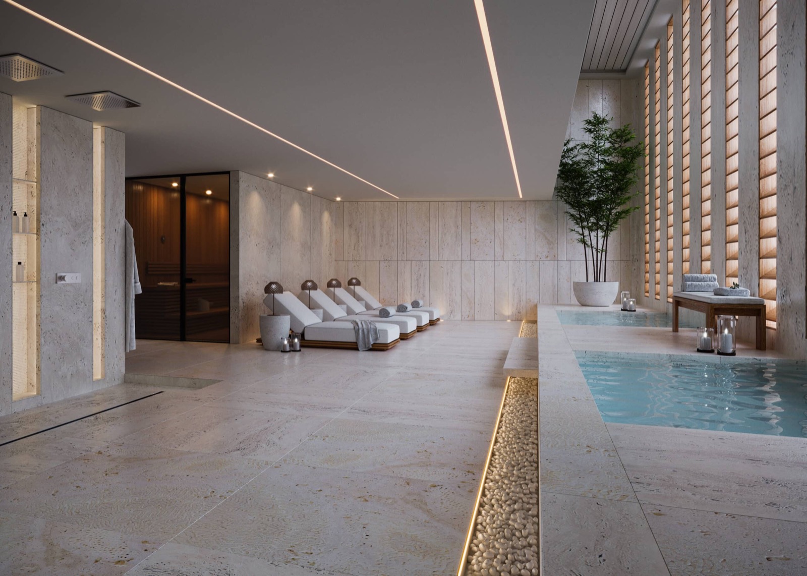 Surf Row Residences spa rendering with steam room and cold plunge in Surfside