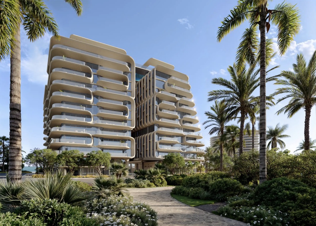 Render de la fachada de The Delmore, condominio frente al mar de Zaha Hadid Architects en 8777 Collins Avenue, Surfside