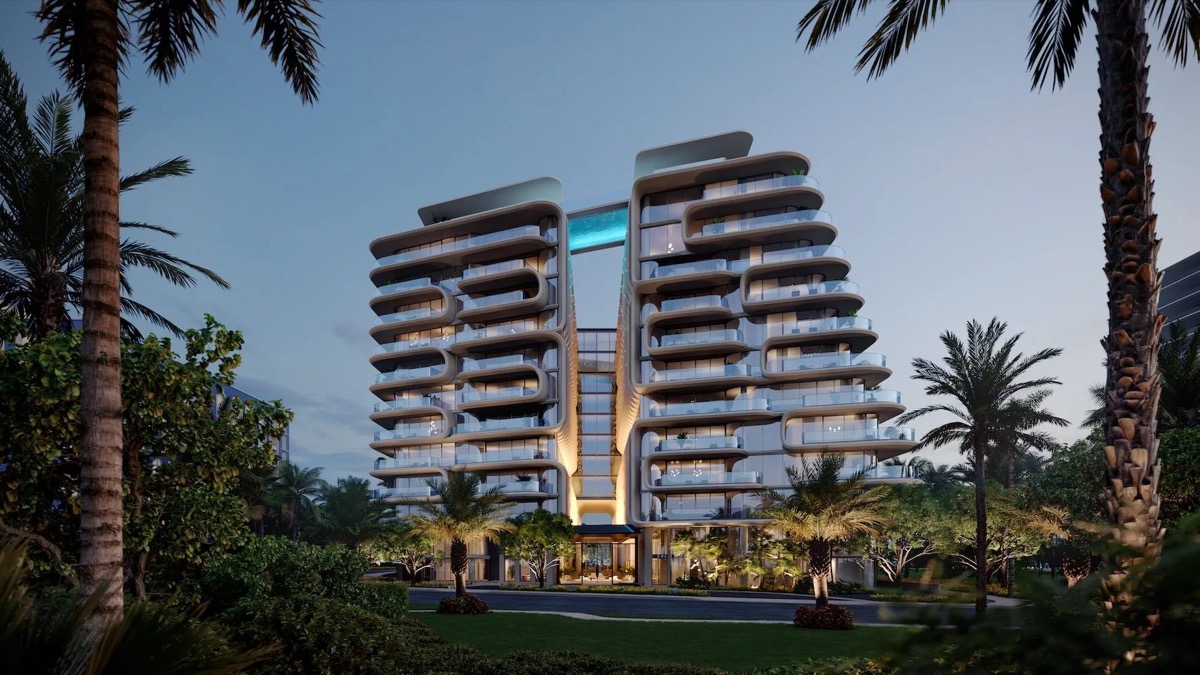 Render oficial de The Delmore, condominio de lujo frente al mar de 12 pisos por DAMAC y Zaha Hadid Architects en 8777 Collins Avenue, Surfside