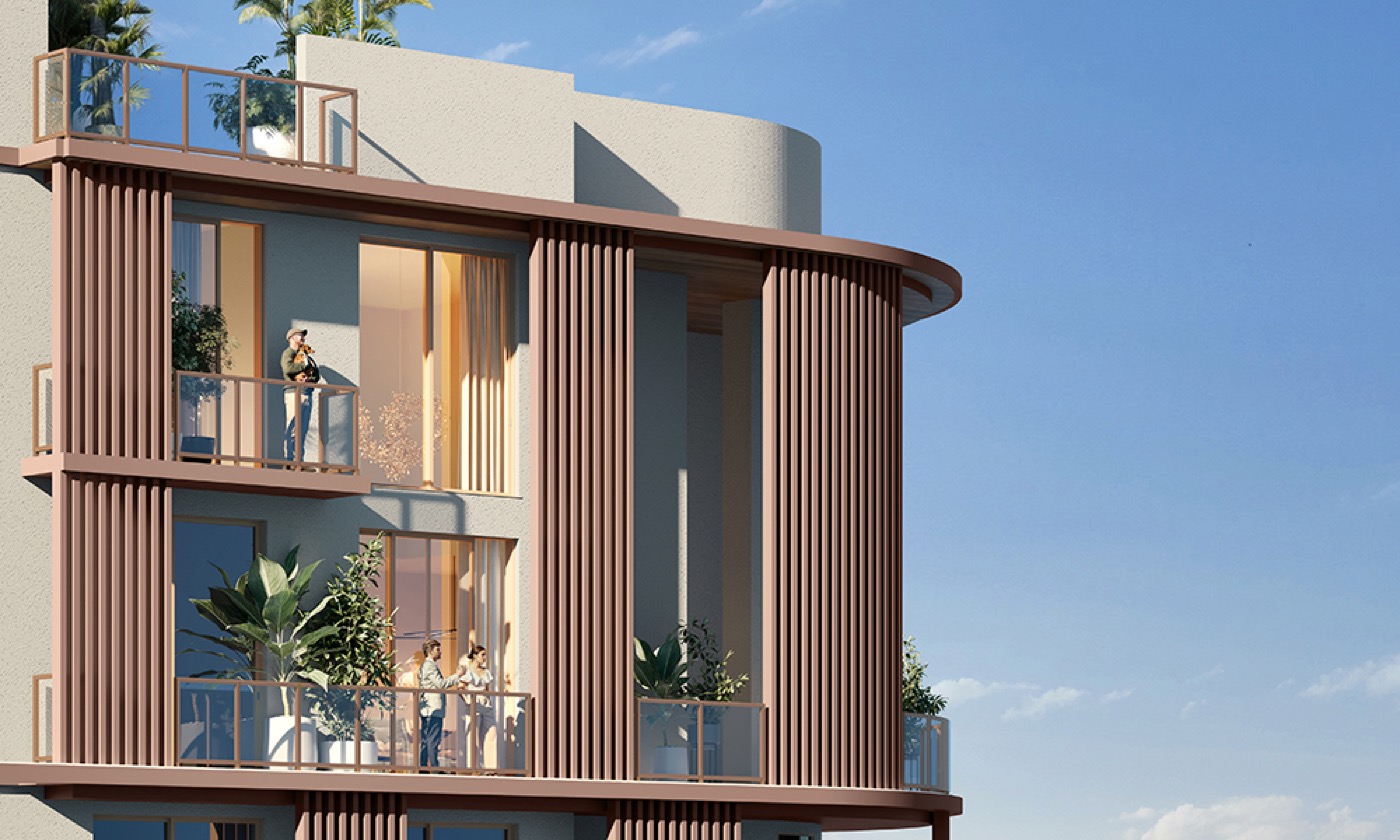 Render da varanda privativa do The Lincoln Coconut Grove com guarda-corpos de vidro e vista para o skyline de Brickell