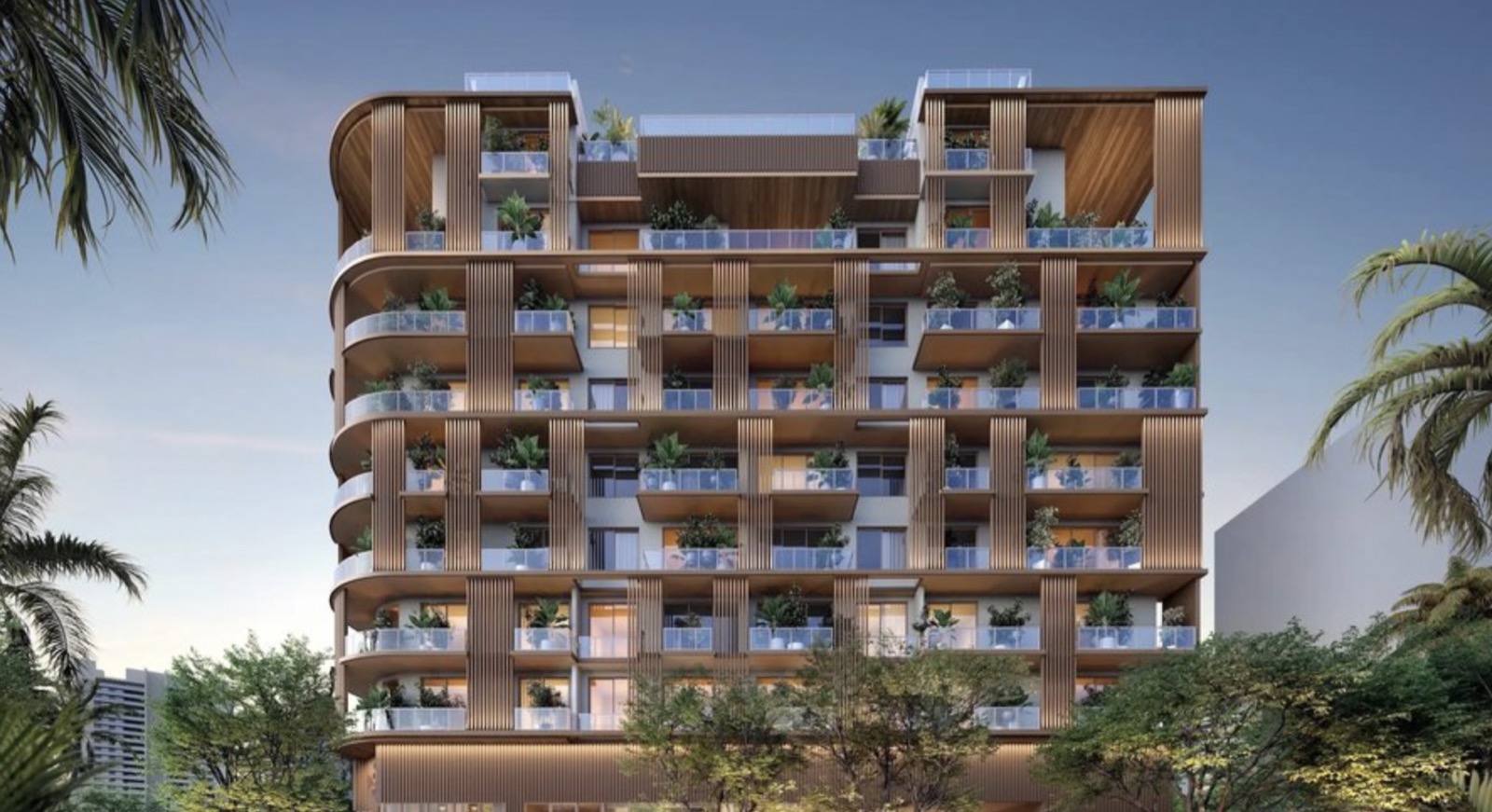 Render do edifício The Lincoln Coconut Grove em nível de rua, condomínio boutique de 8 andares em 2650 Lincoln Avenue