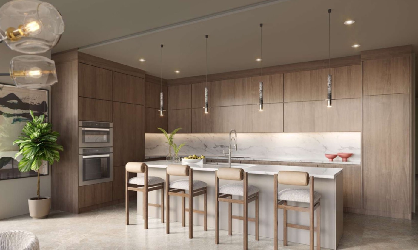 Render da cozinha do The Lincoln Coconut Grove com marcenaria italiana Snaidero, ilha de quartzo e eletrodomésticos Miele