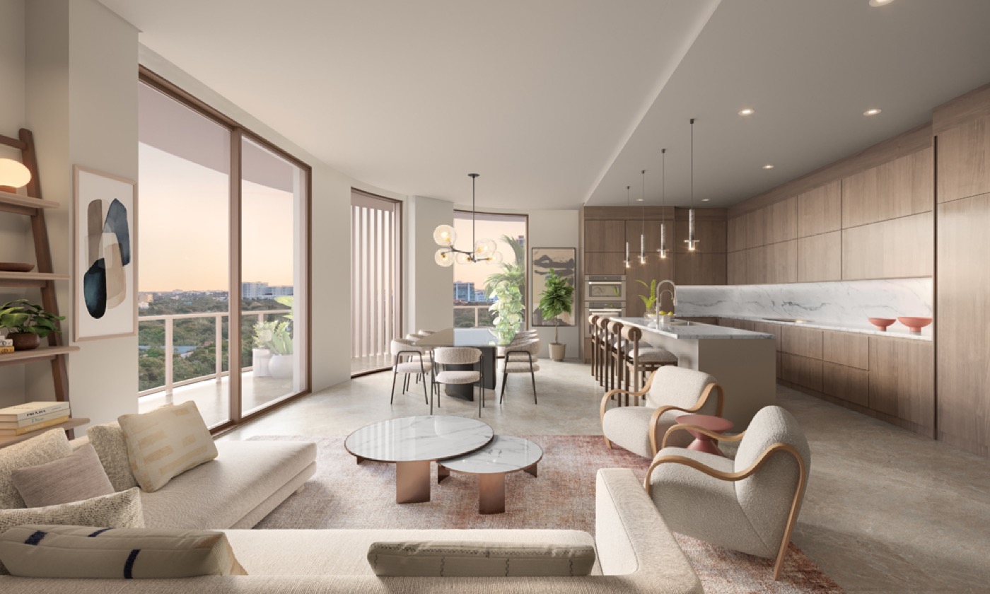 Render da sala de estar do The Lincoln Coconut Grove com pisos de porcelanato e vidro do piso ao teto