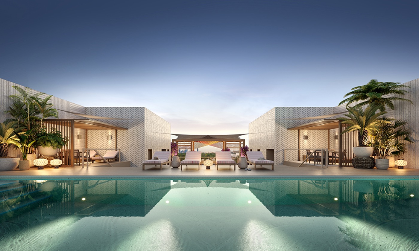 Render da piscina na cobertura do The Lincoln Coconut Grove ao entardecer com cabanas cobertas e deck de observação