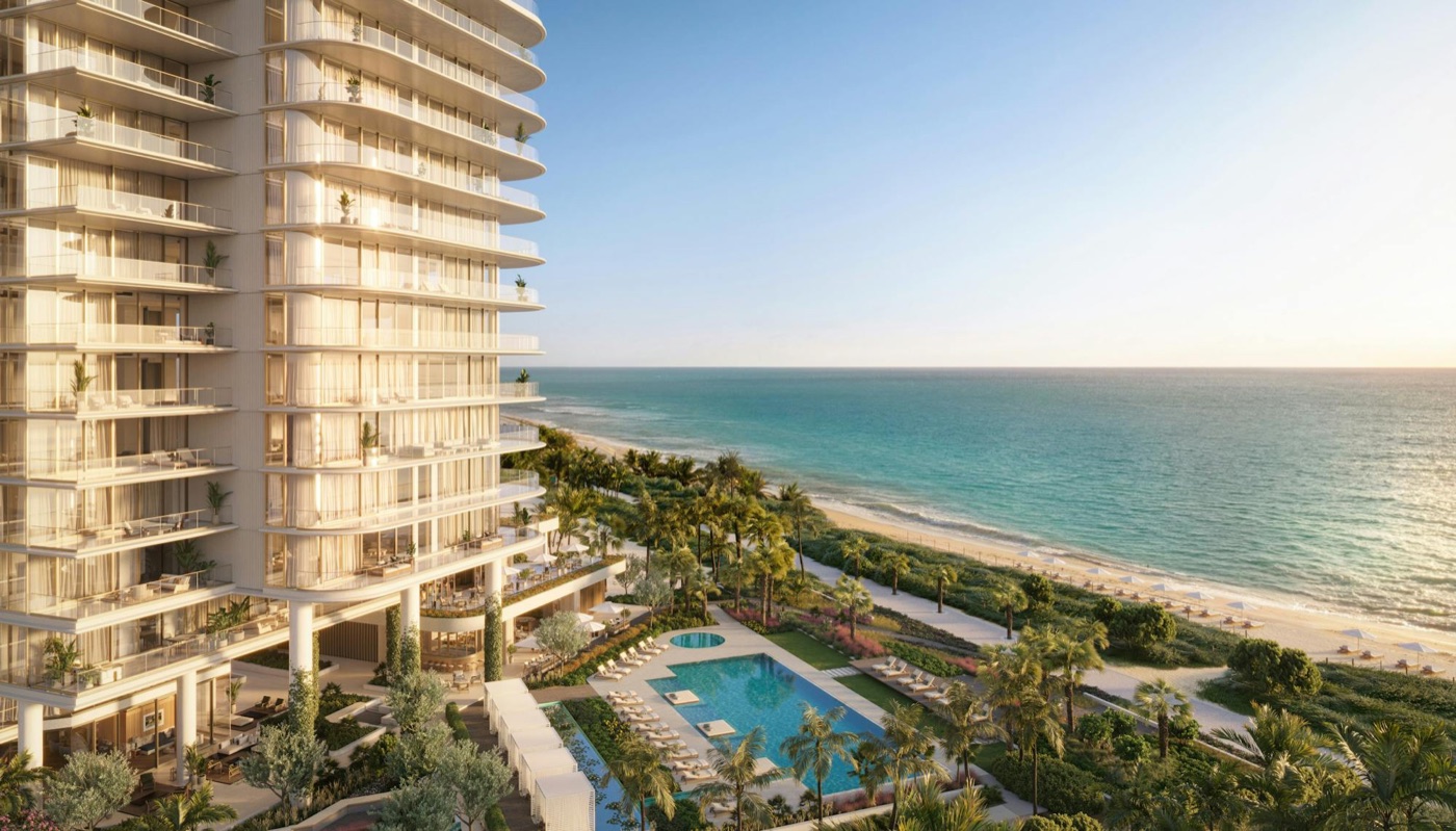 Renderizado del frente de playa de The Perigon Miami Beach, torre frente al mar diseñada por OMA sobre la arena en 5333 Collins Avenue, Mid-Beach