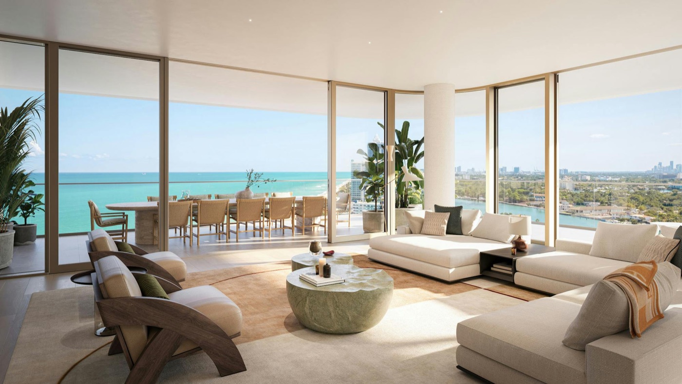 Renderizado de la gran sala dentro de una residencia de The Perigon Miami Beach con interiores de Tara Bernerd y vistas al mar